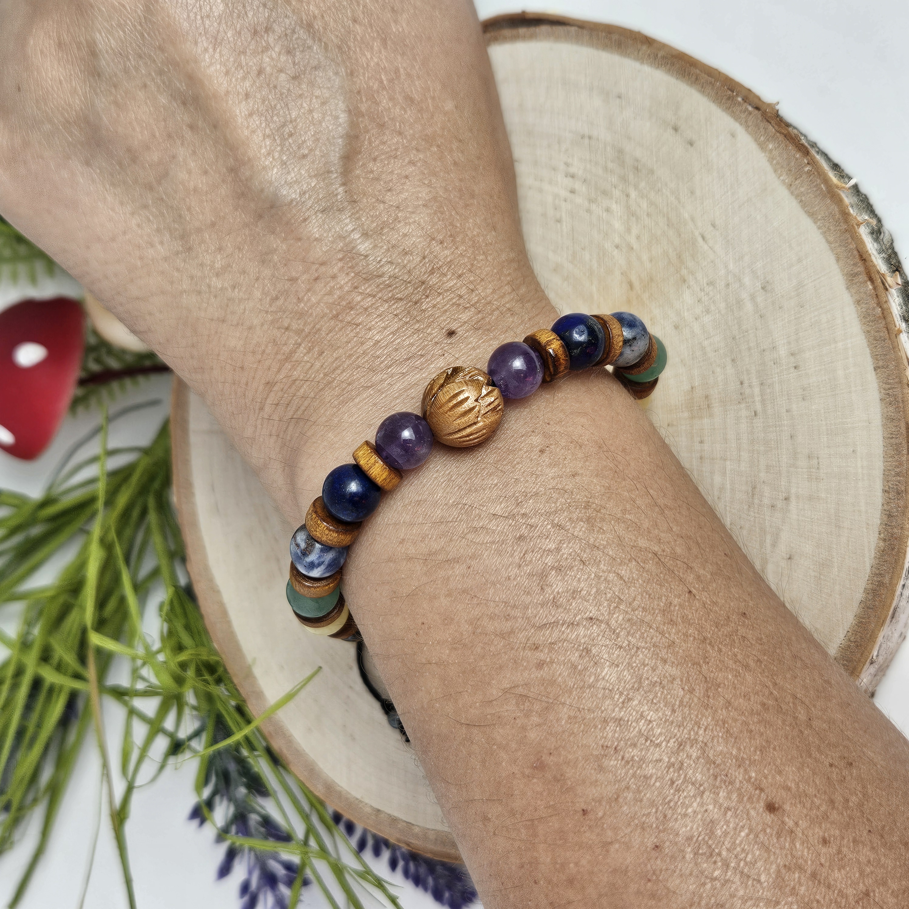 Carved Wooden Lotus and Chakra Bracelet