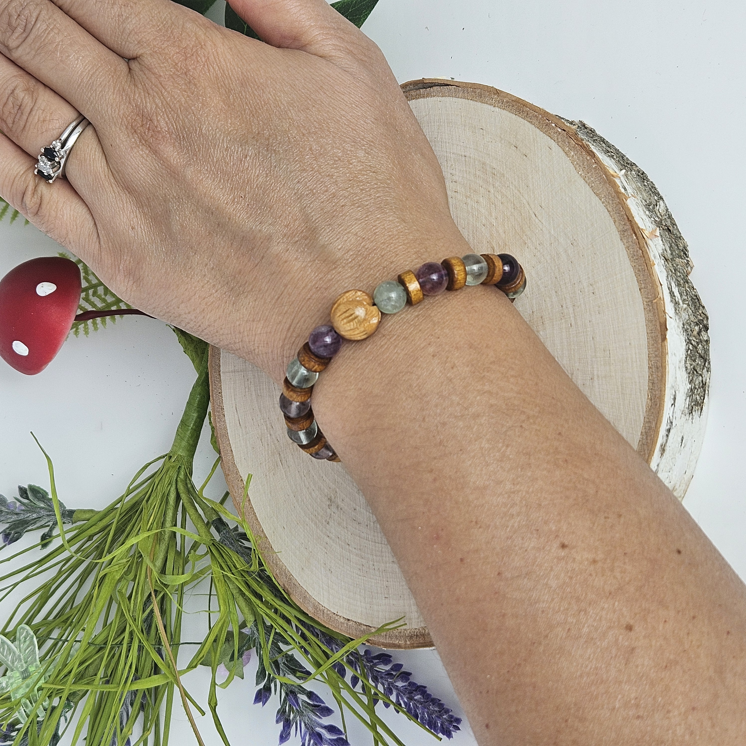 Carved Wooden Lotus and Fluorite Bracelet