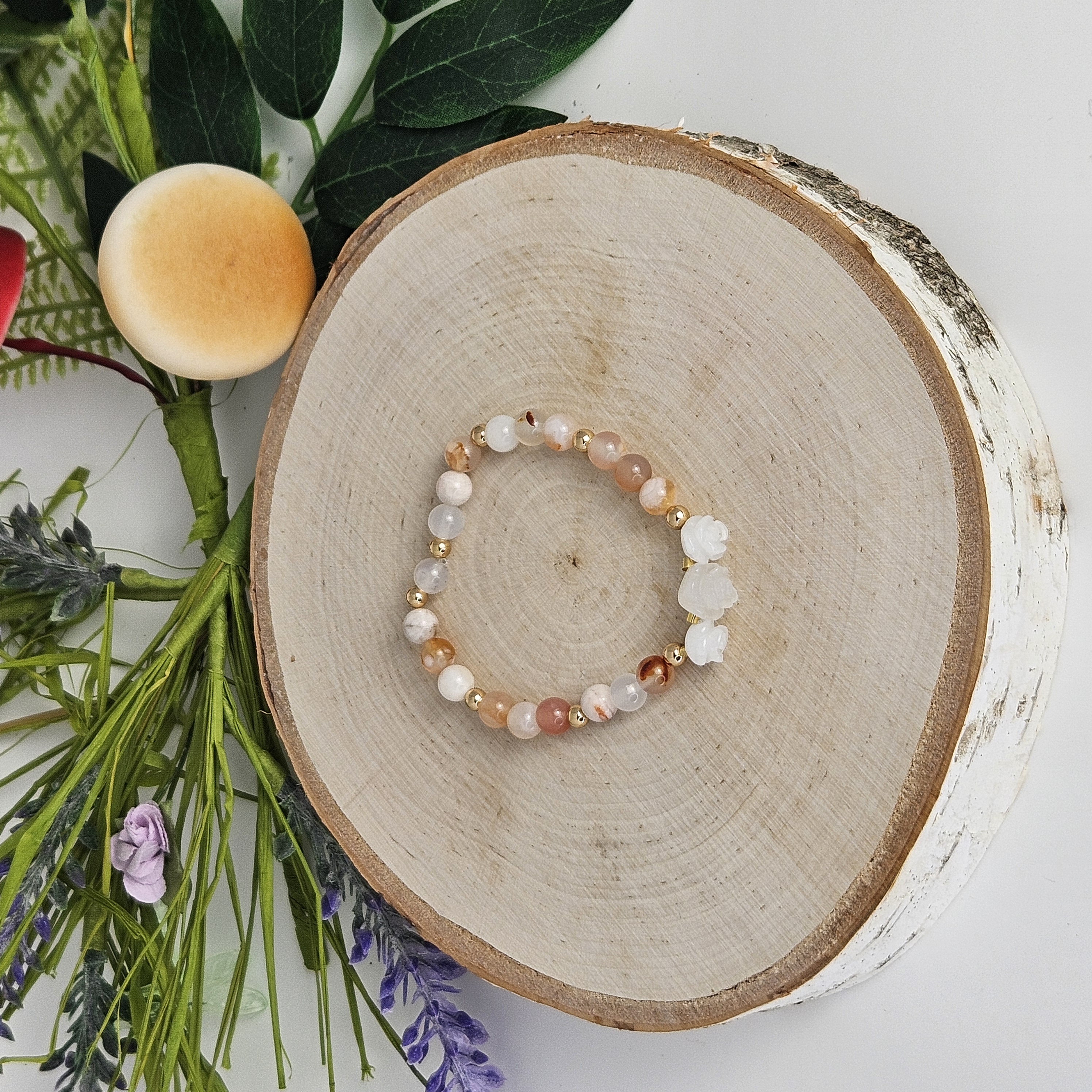 Small White Jade Rose Cherry Flower Sakura Agate Bracelet