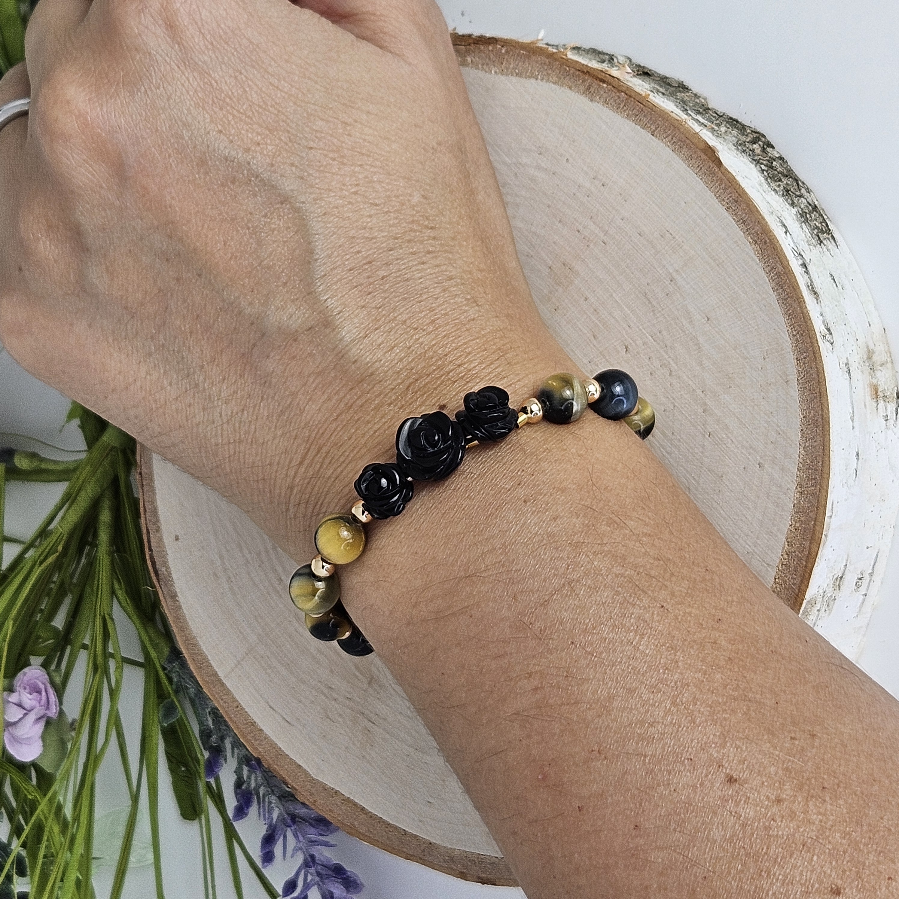 Large Black Agate Rose Blue Golden Tiger's Eye Bracelet