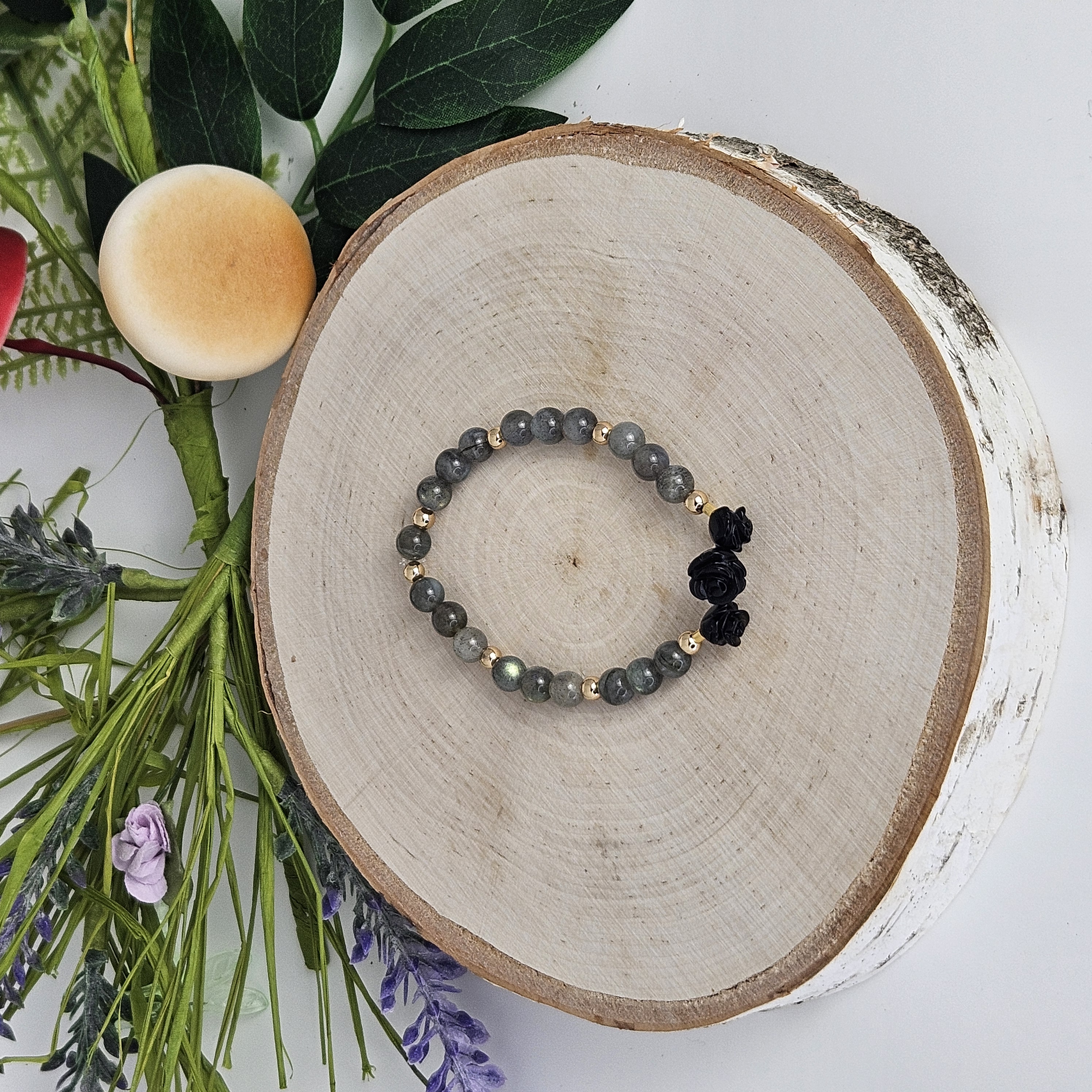 Small Black Agate Rose Dark Grey Labradorite Bracelet