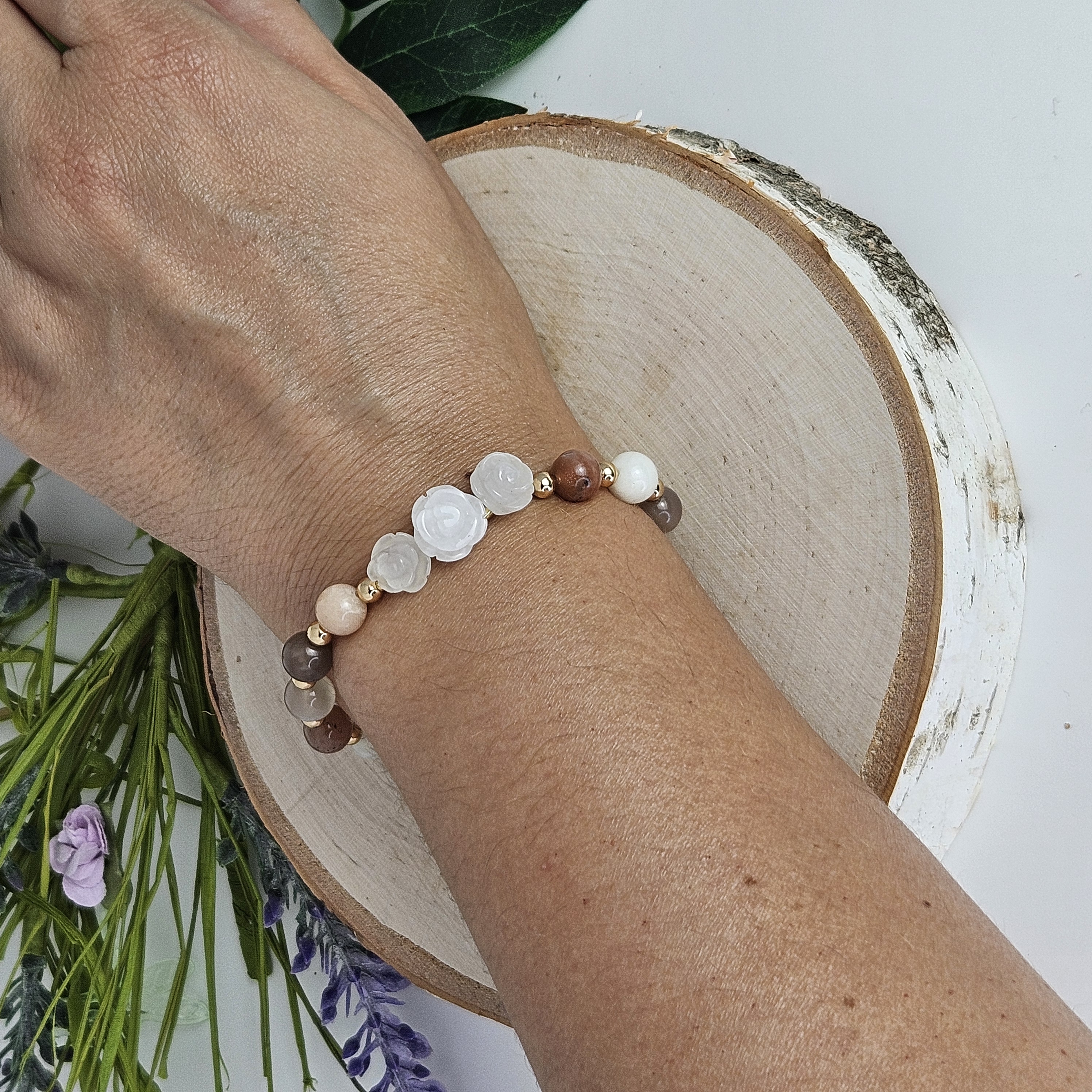 Large White Jade Rose Peach Moonstone Bracelet