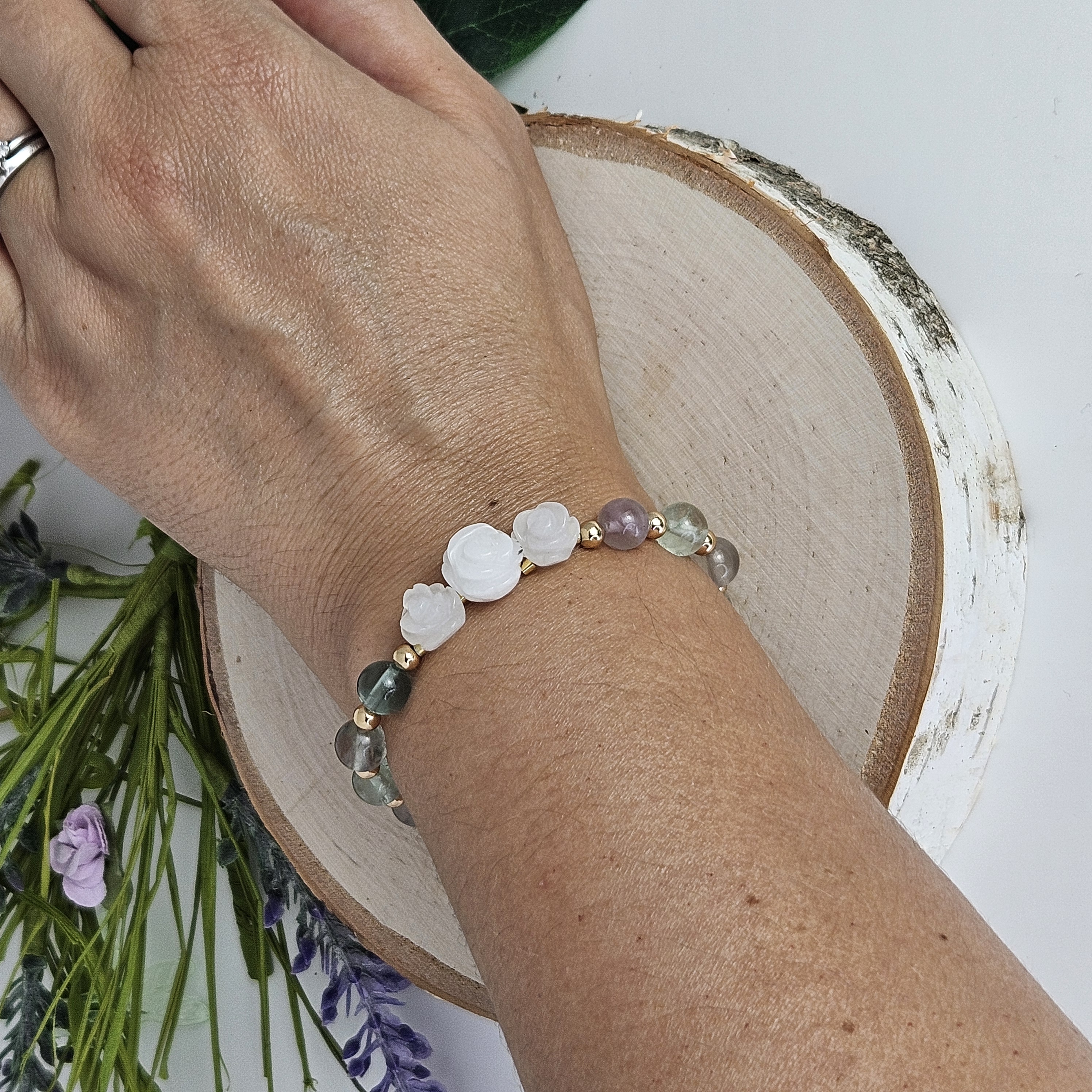 Large White Jade Rose Fluorite Bracelet
