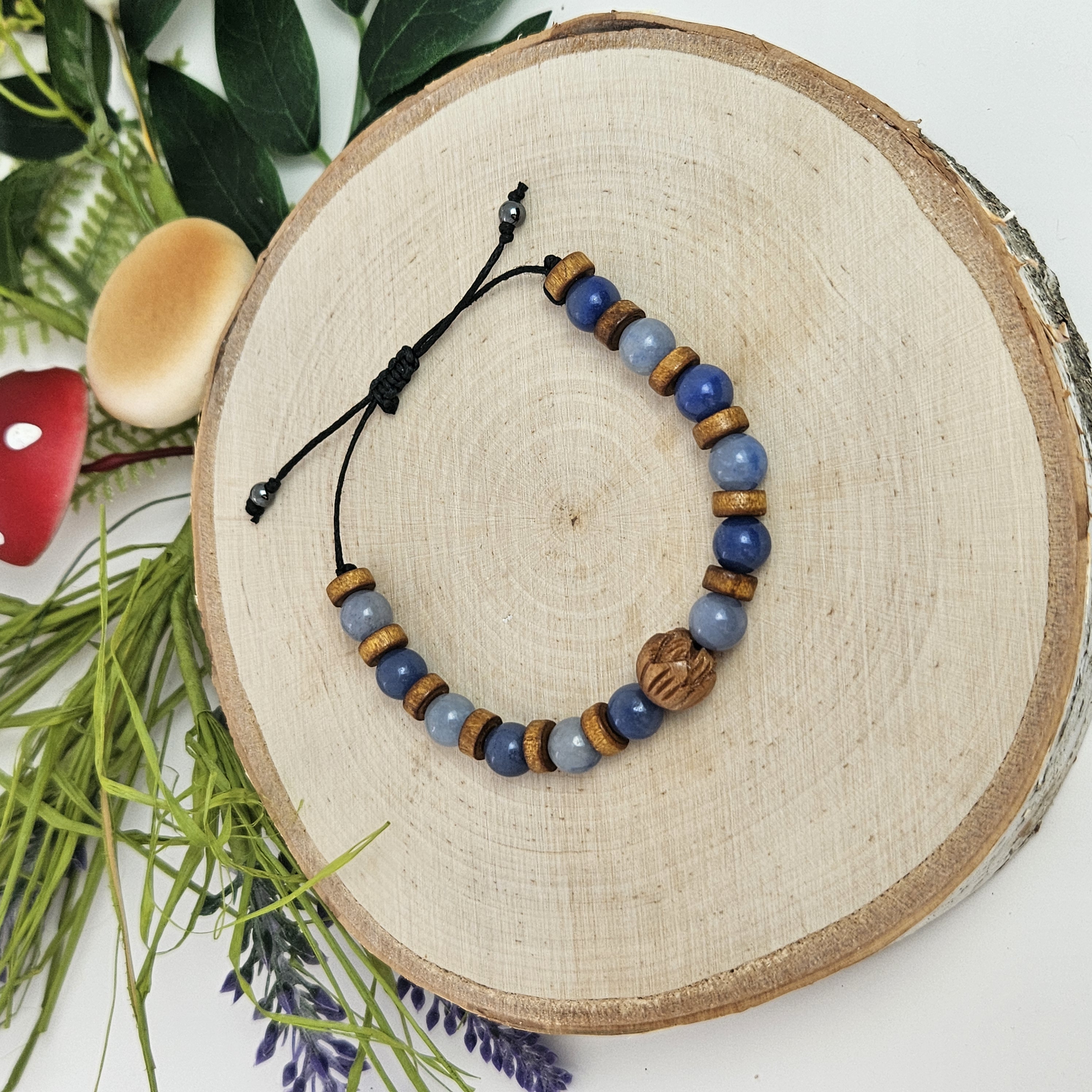Carved Wooden Lotus and Blue Aventurine Bracelet