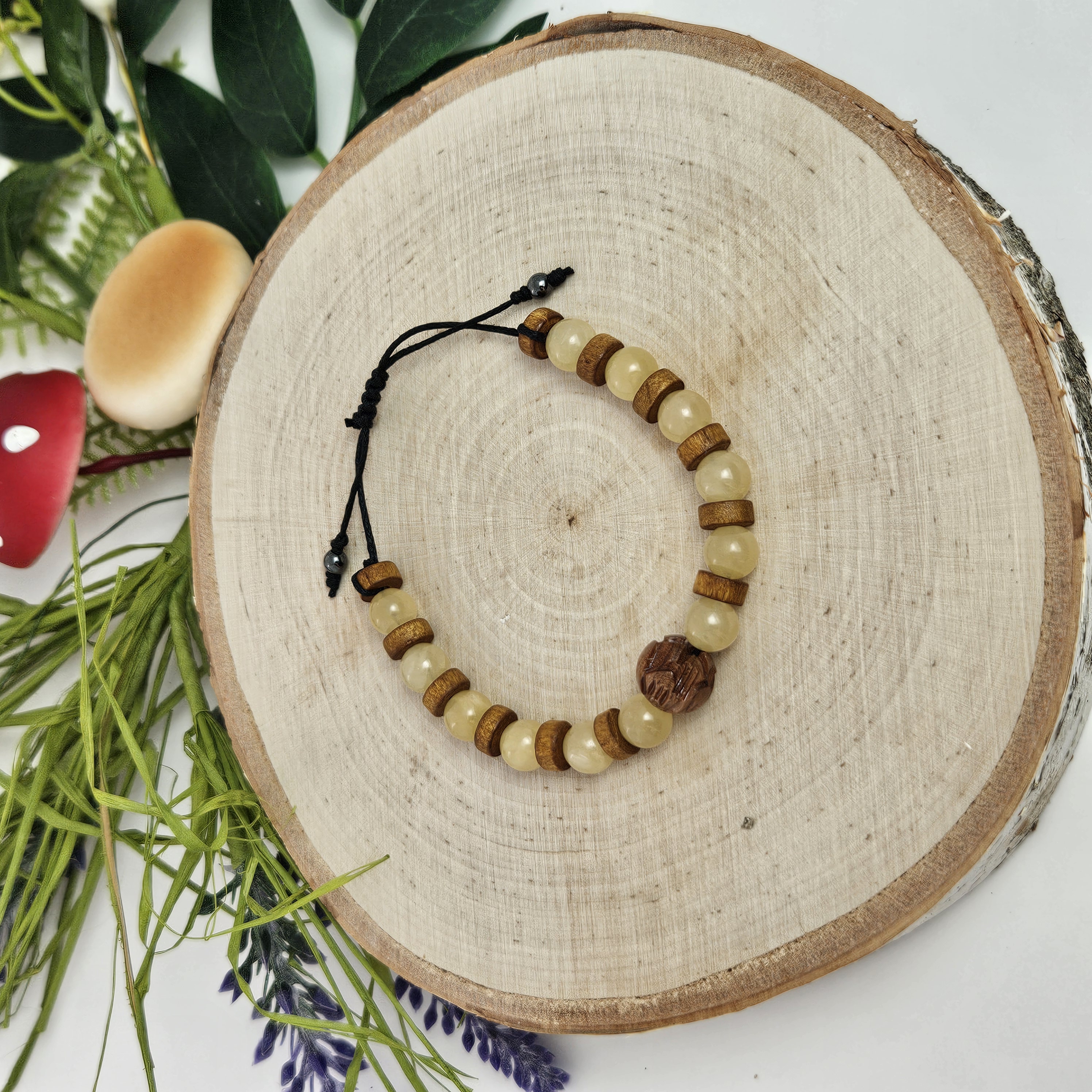 Carved Wooden Lotus and Yellow Jade Bracelet