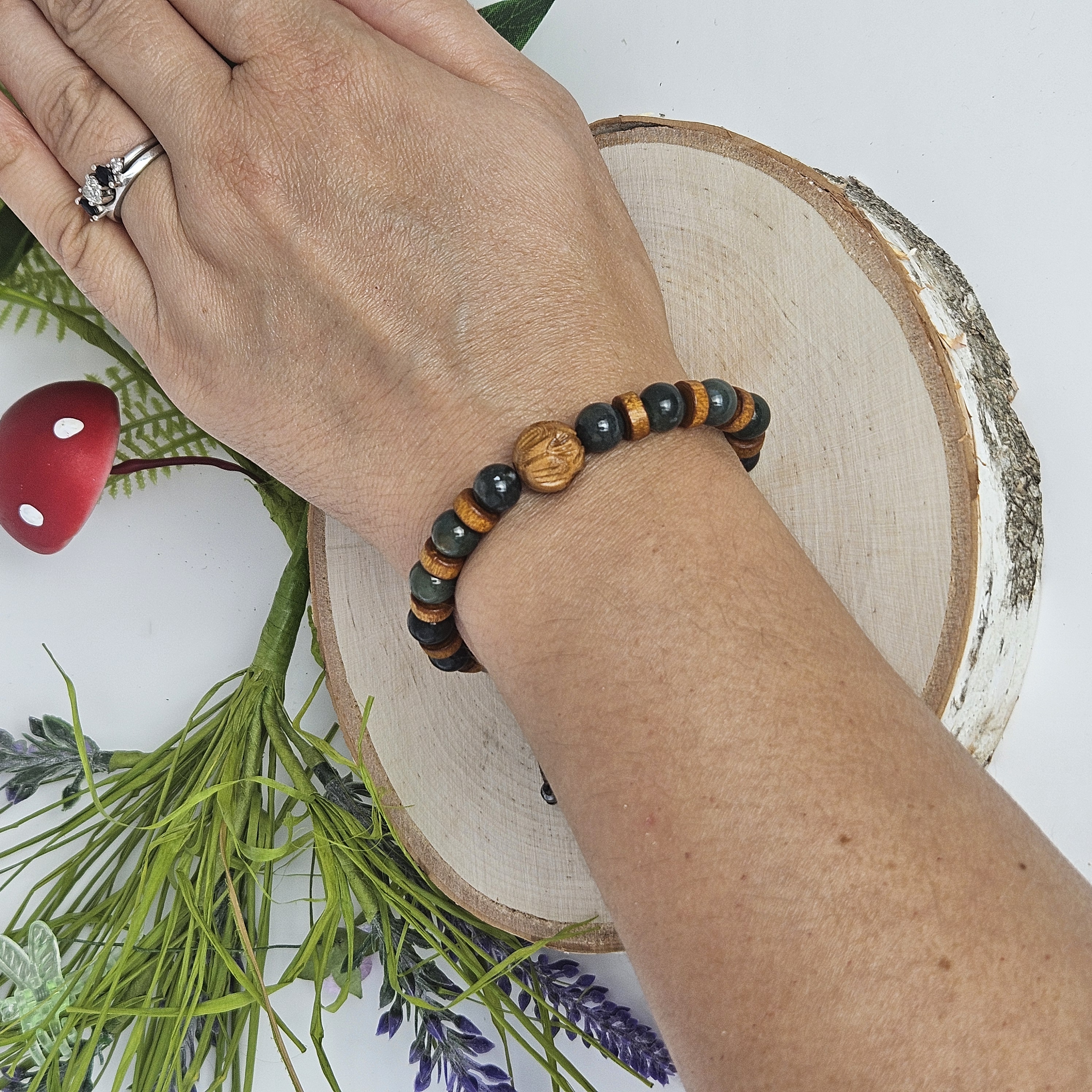 Carved Wooden Lotus and Moss Agate Bracelet