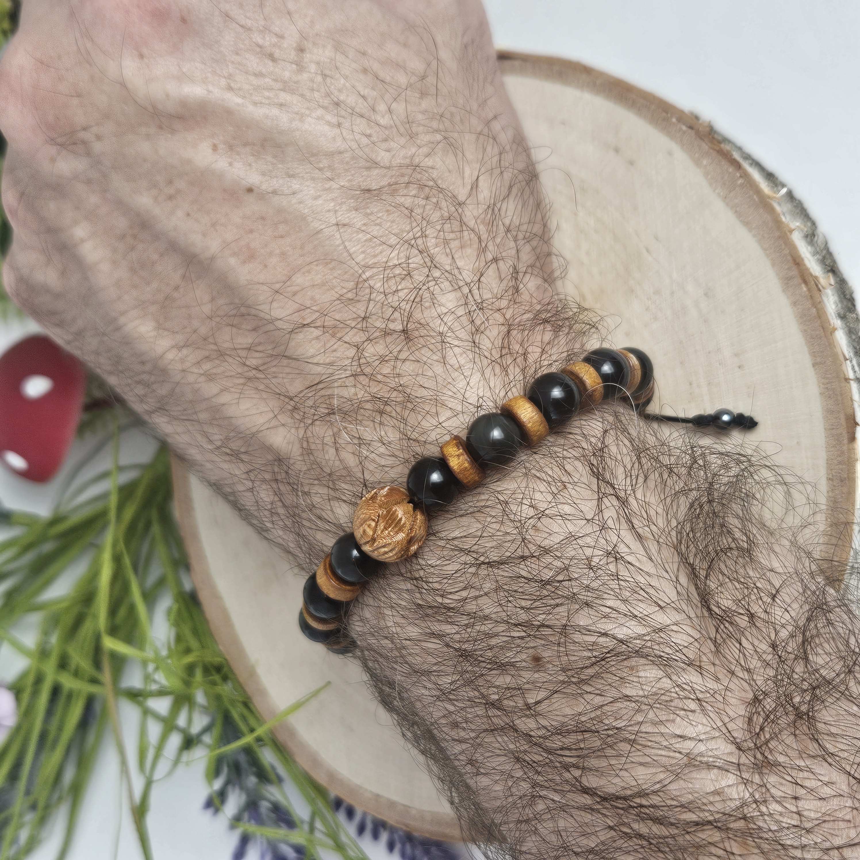 Carved Wooden Lotus Rainbow Black Obsidian Bracelet