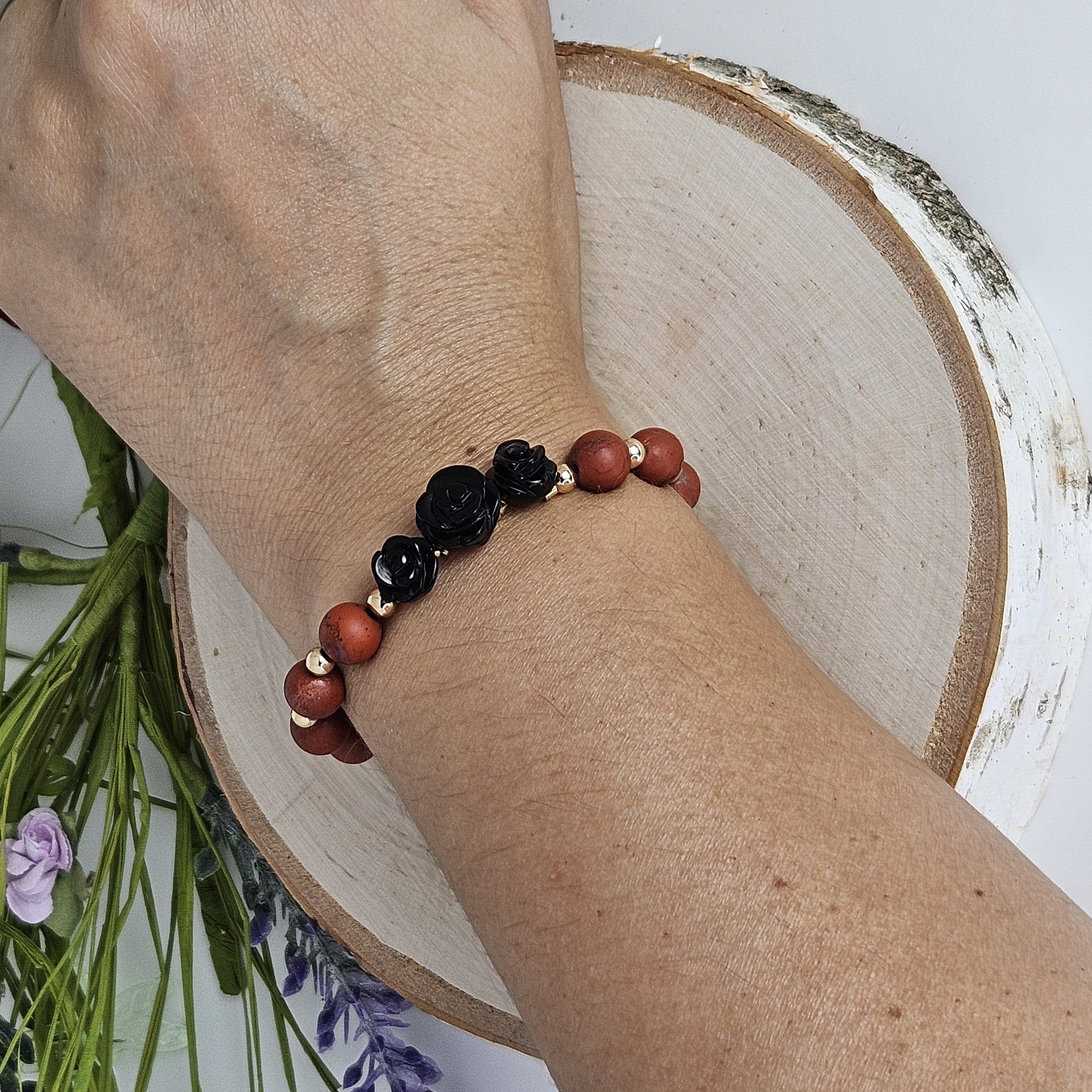 Large Black Rose Matte Red Leopard Jasper Bracelet
