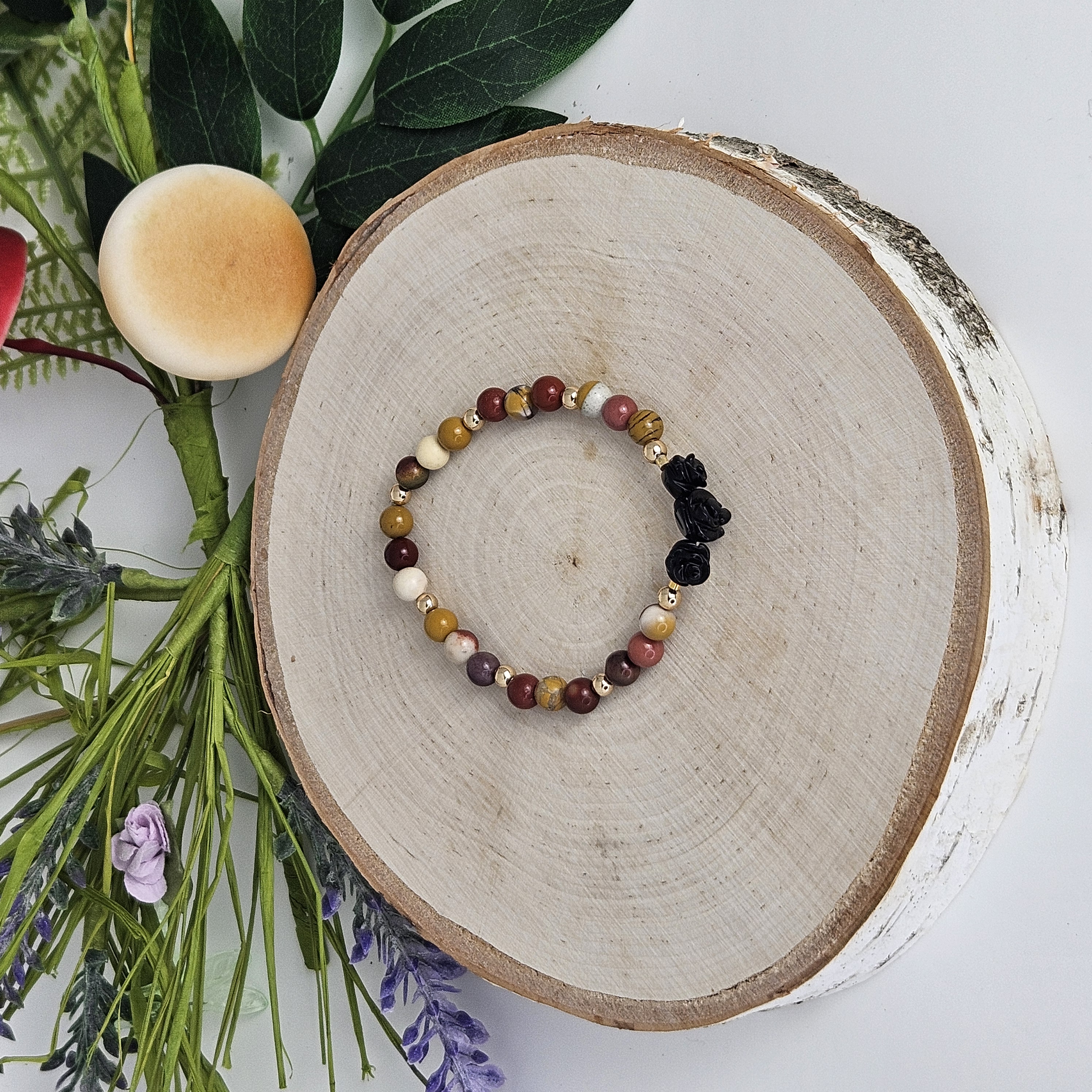 Small Black Agate Rose Mookaite Bracelet
