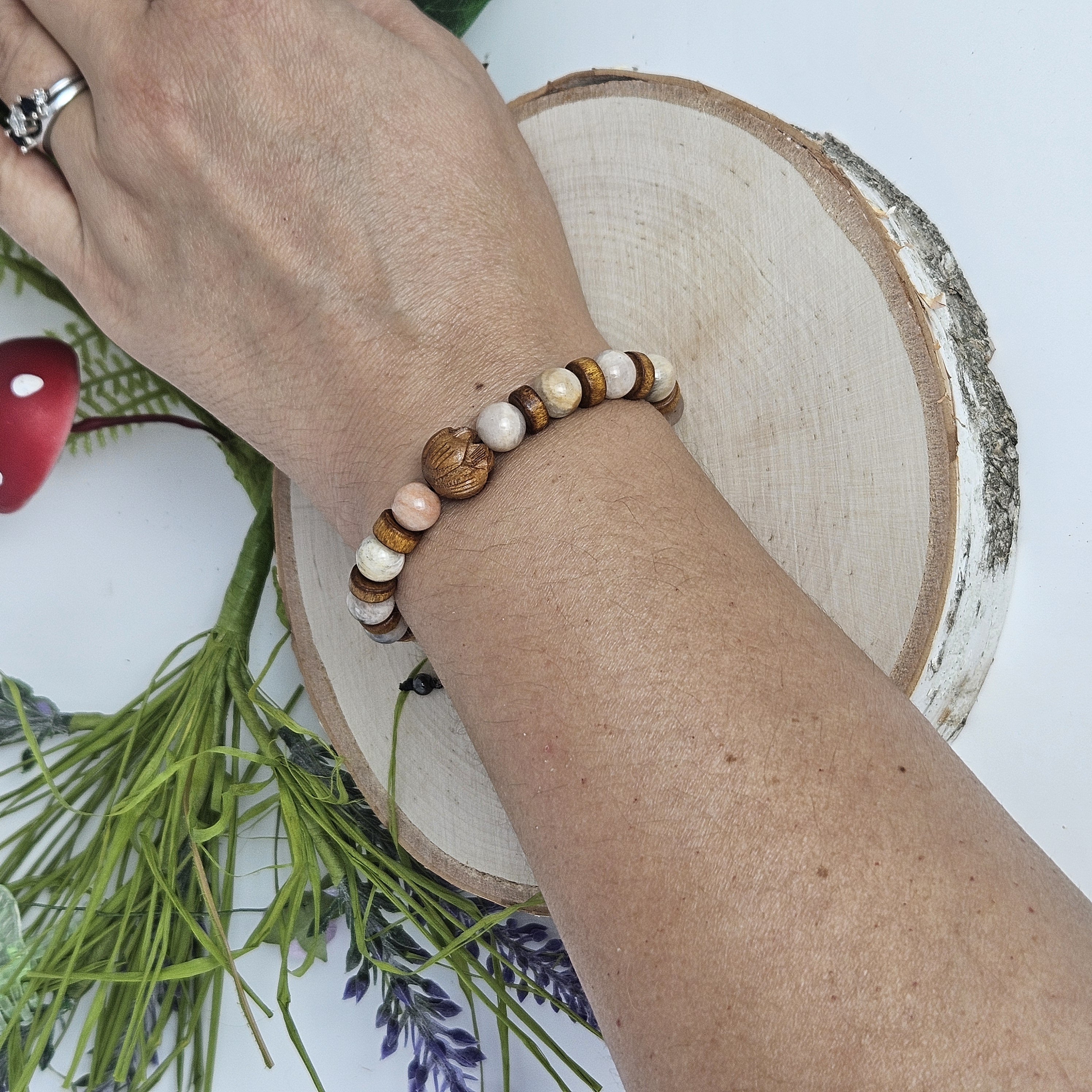 Carved Wooden Lotus and Sunstone Bracelet