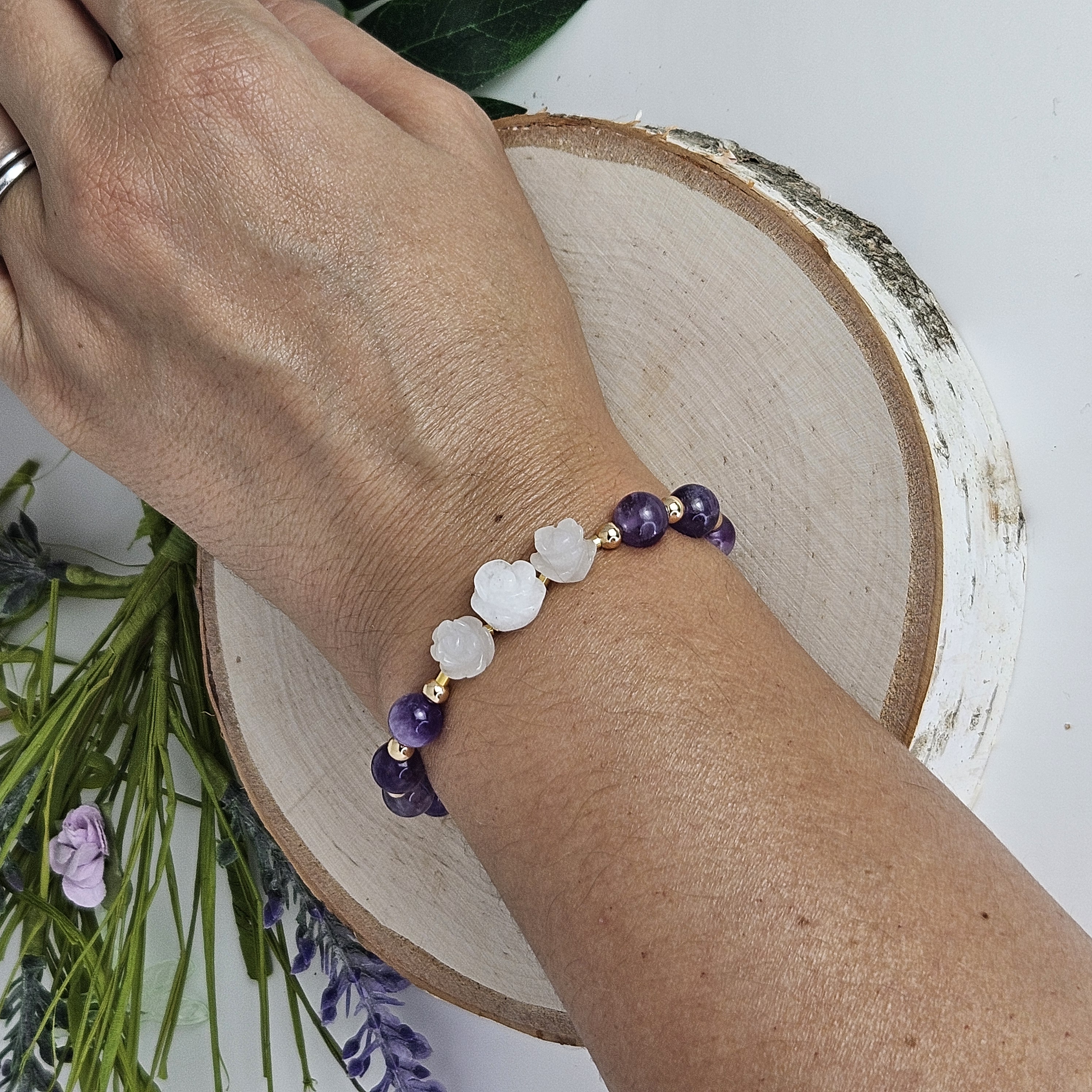 Large White Jade Rose Amethyst Bracelet