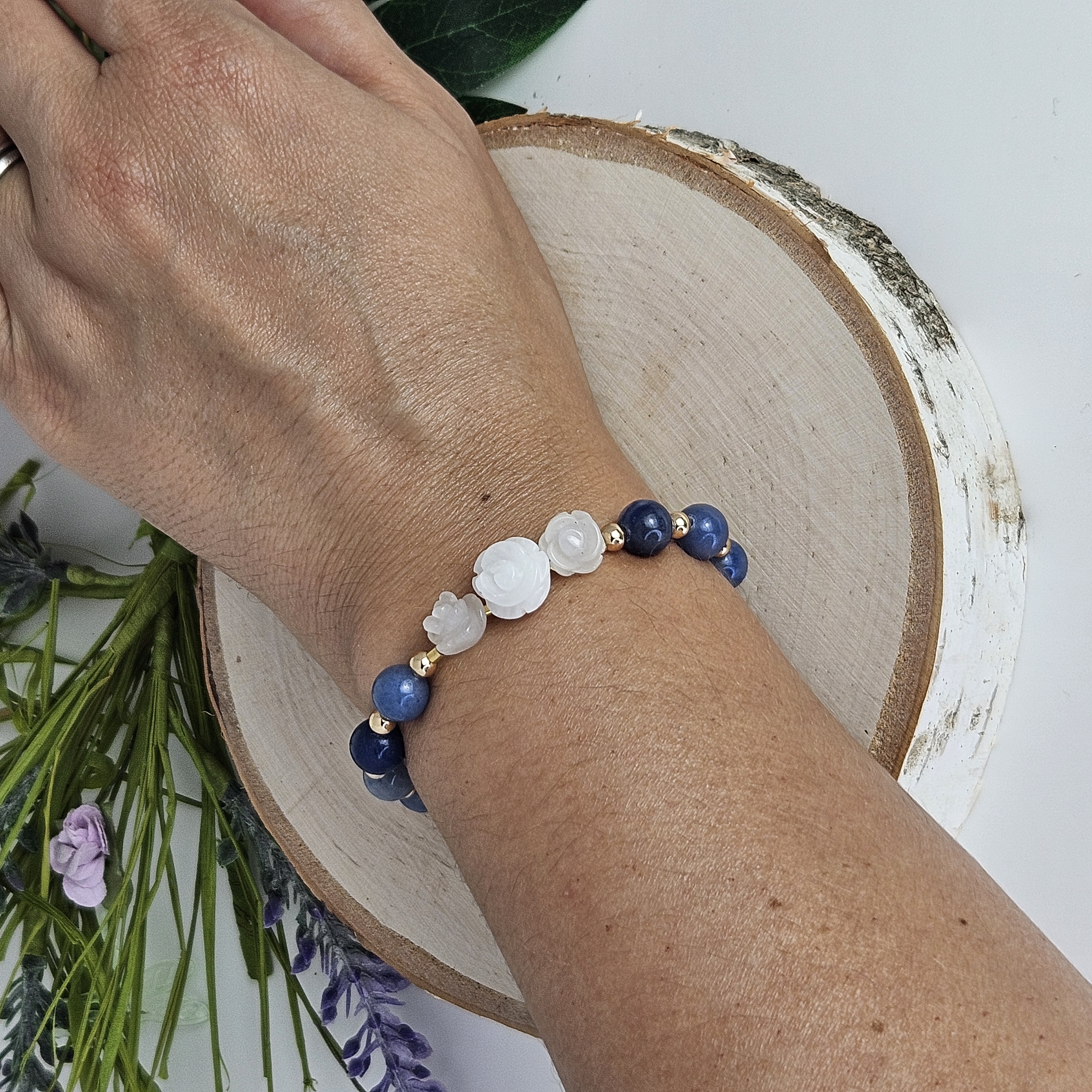 Large White Jade Rose Blue Aventurine Bracelet