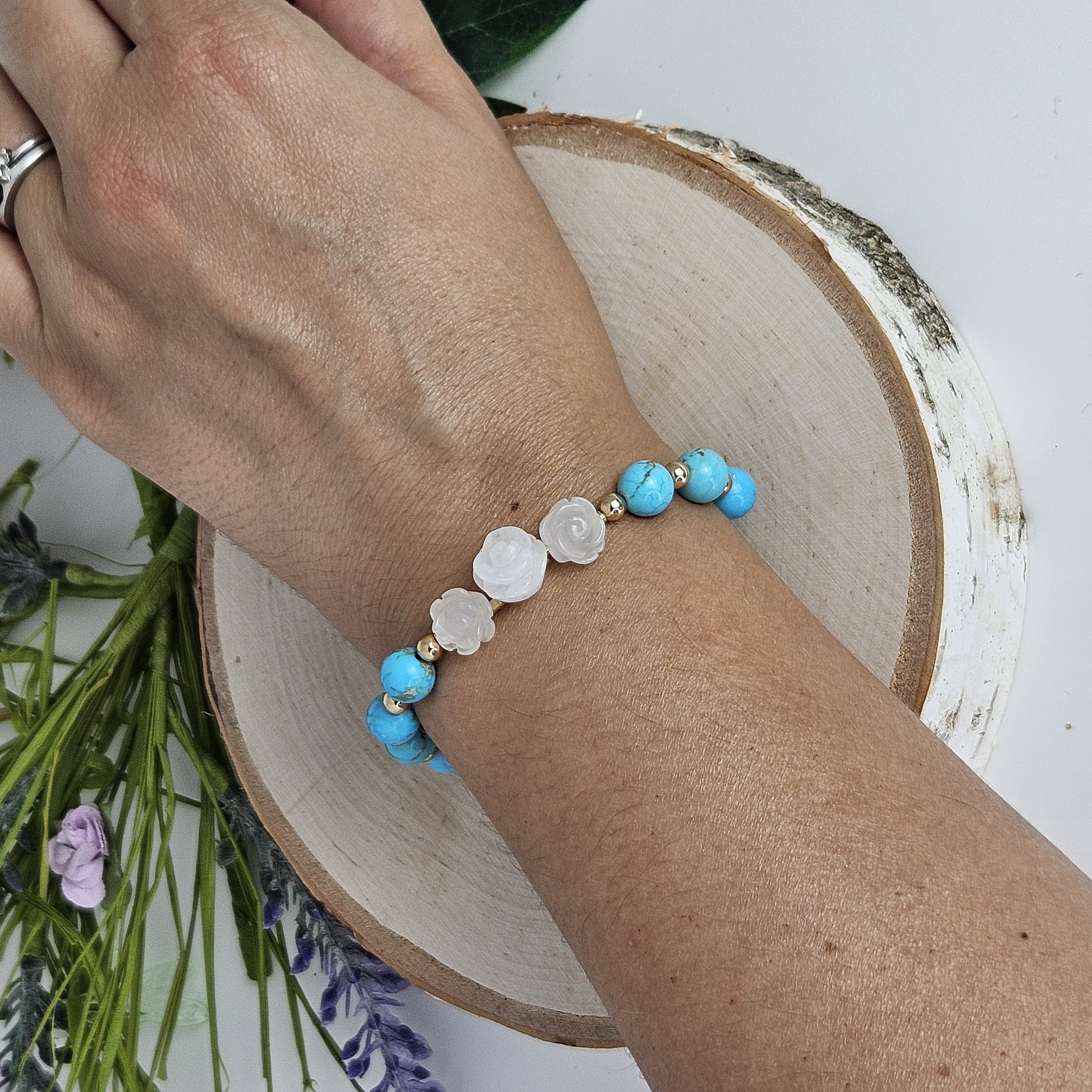 Large White Jade Rose Blue Turquoise Bracelet