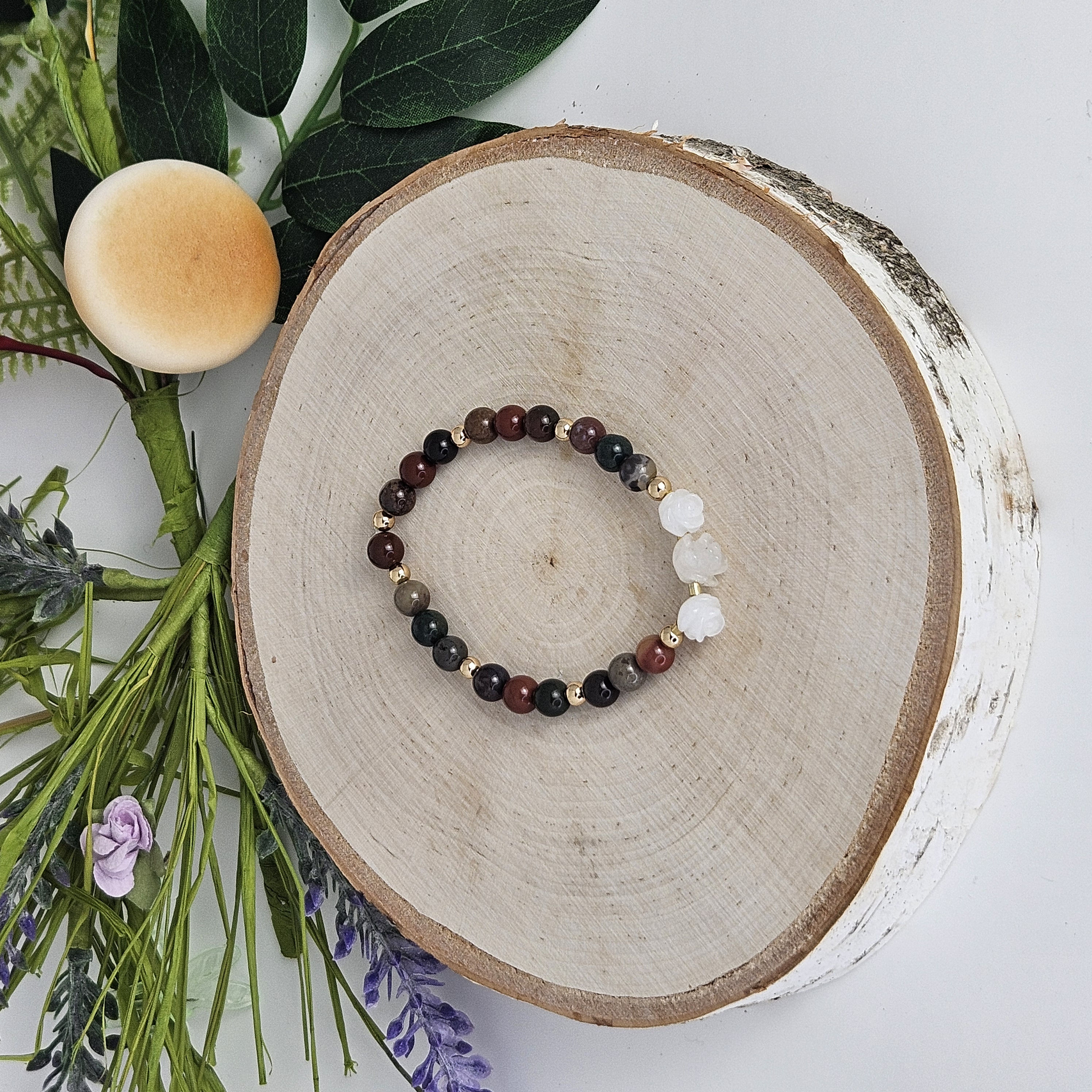 Small White Jade Rose Ocean Jasper Bracelet