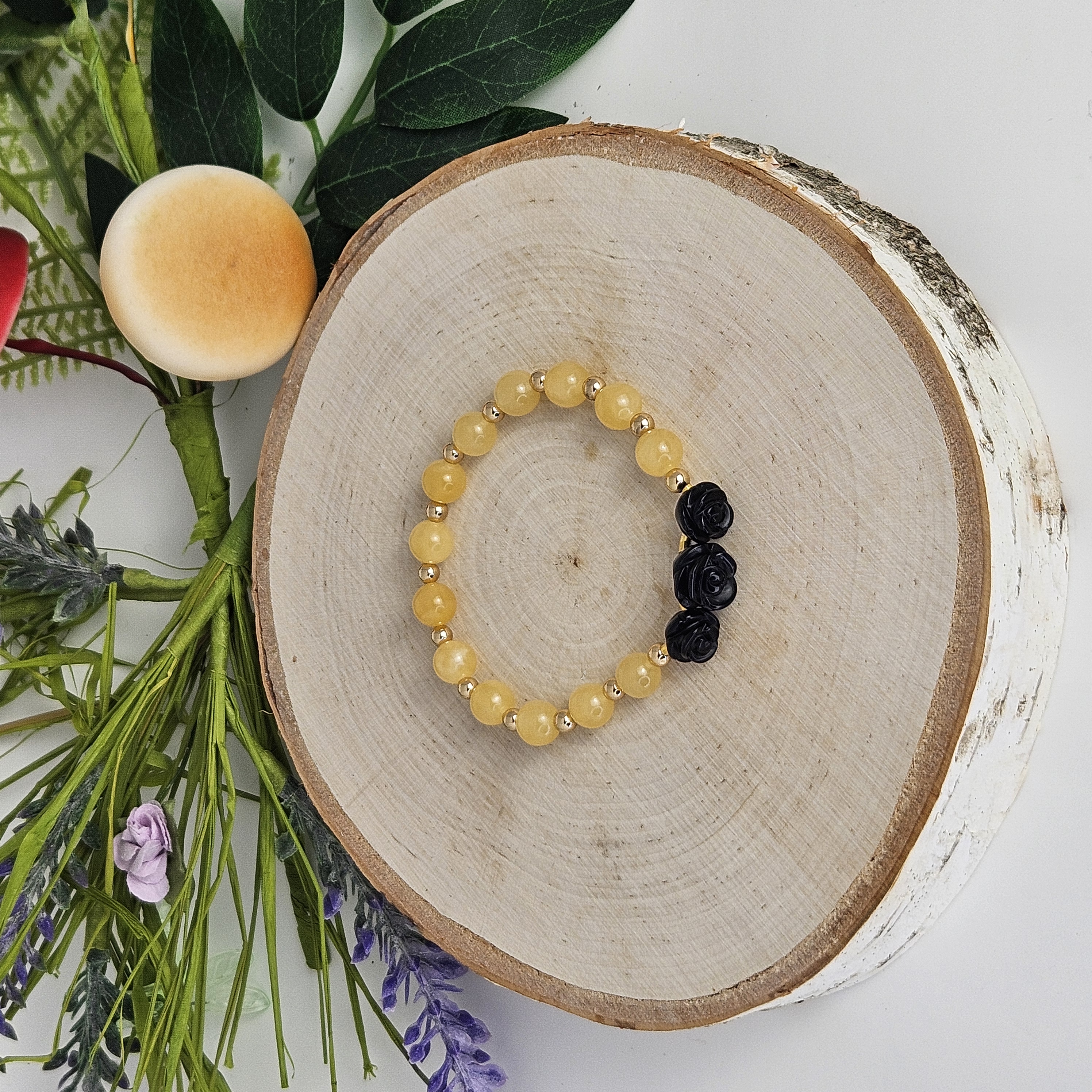 Large Black Agate Rose Yellow Jade Bracelet