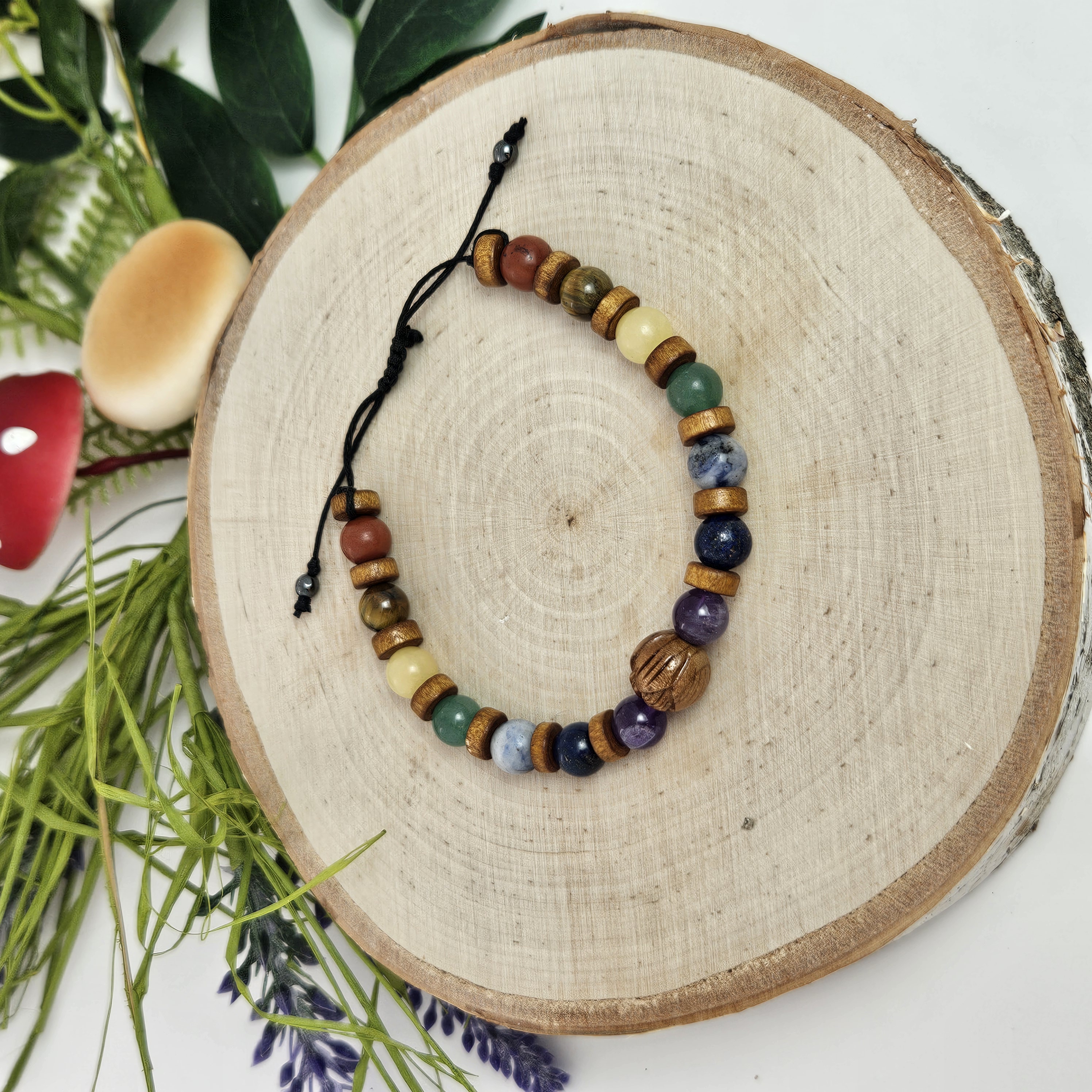 Carved Wooden Lotus and Chakra Bracelet