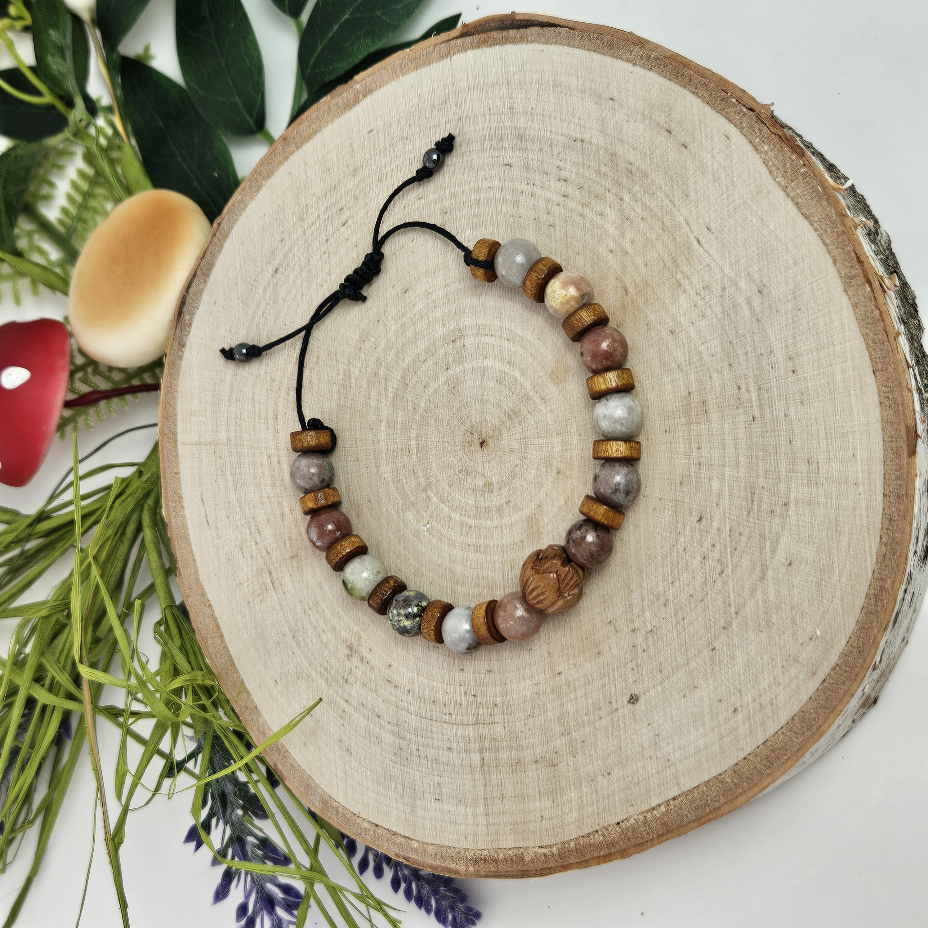 Carved Wooden Lotus and Plum Blossom Jasper Bracelet