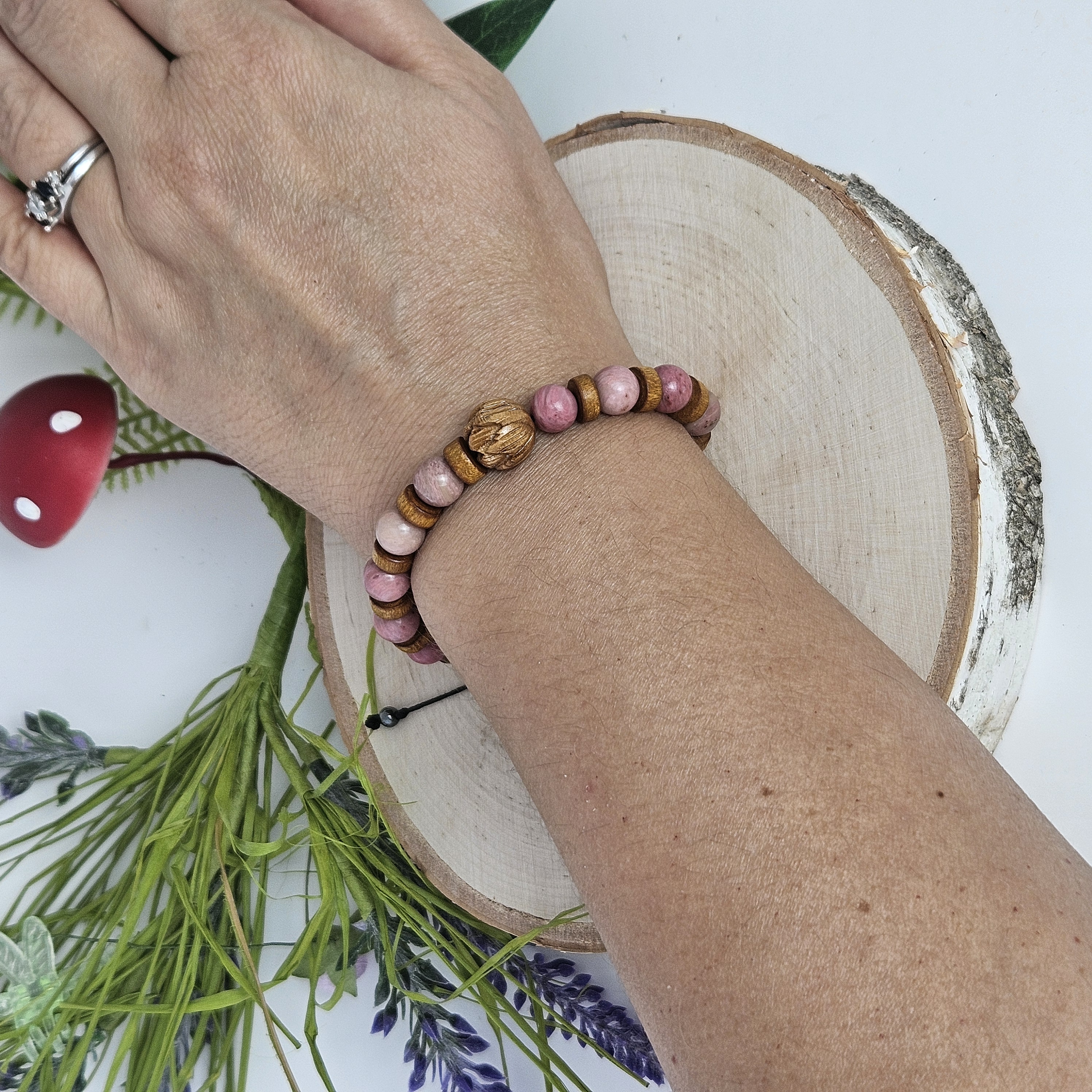 Carved Wooden Lotus and Rhodonite Bracelet