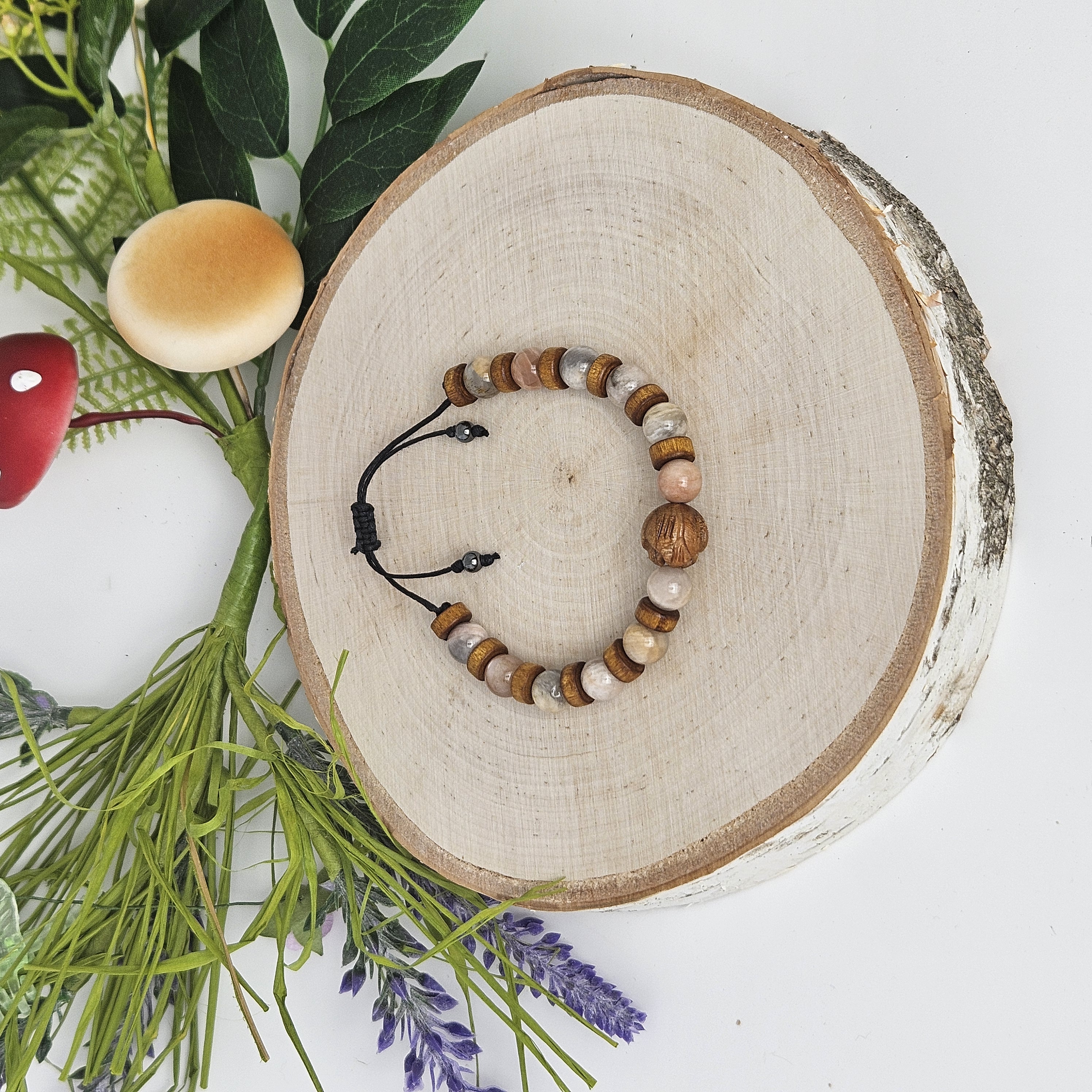 Carved Wooden Lotus and Sunstone Bracelet