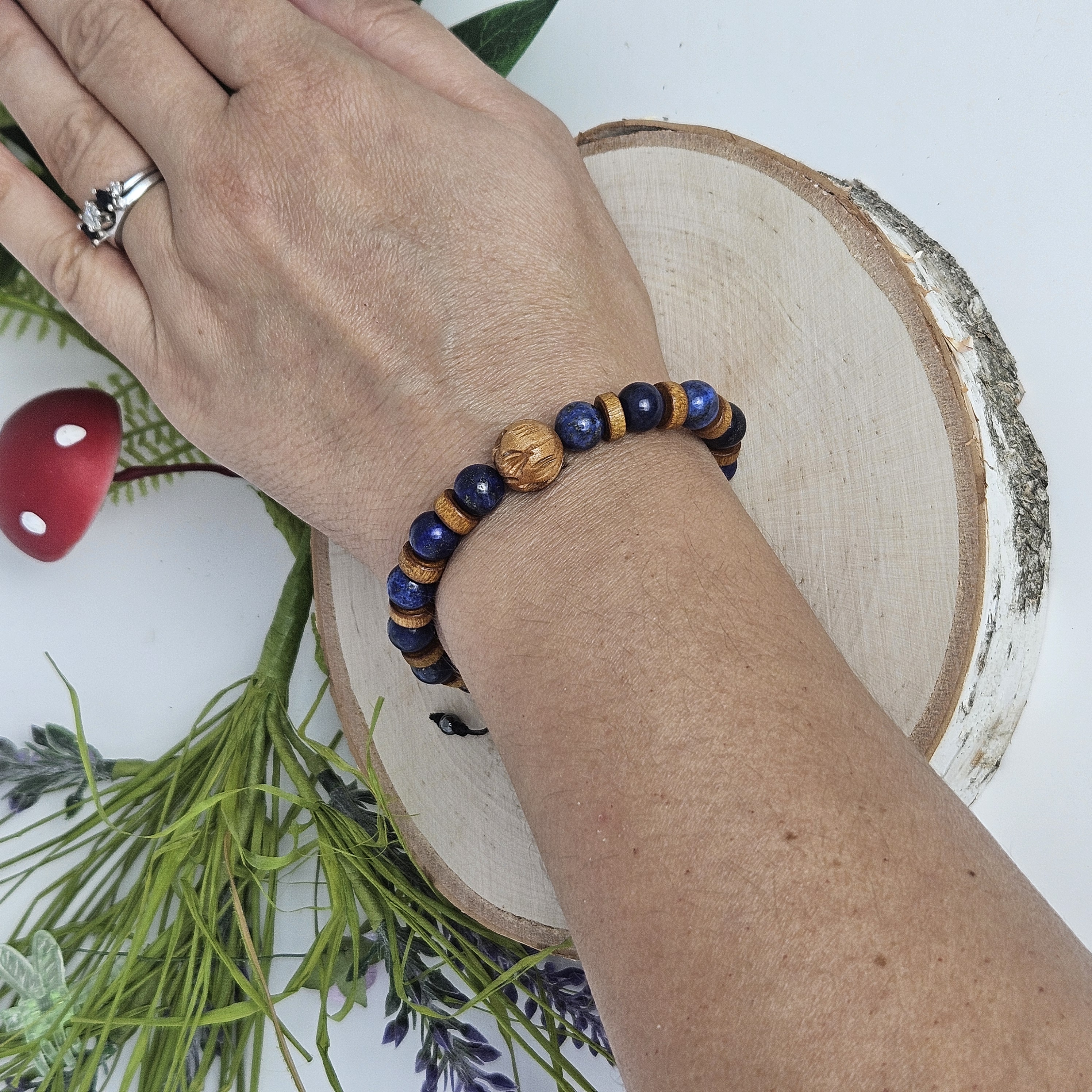 Carved Wooden Lotus and Sodalite Bracelet