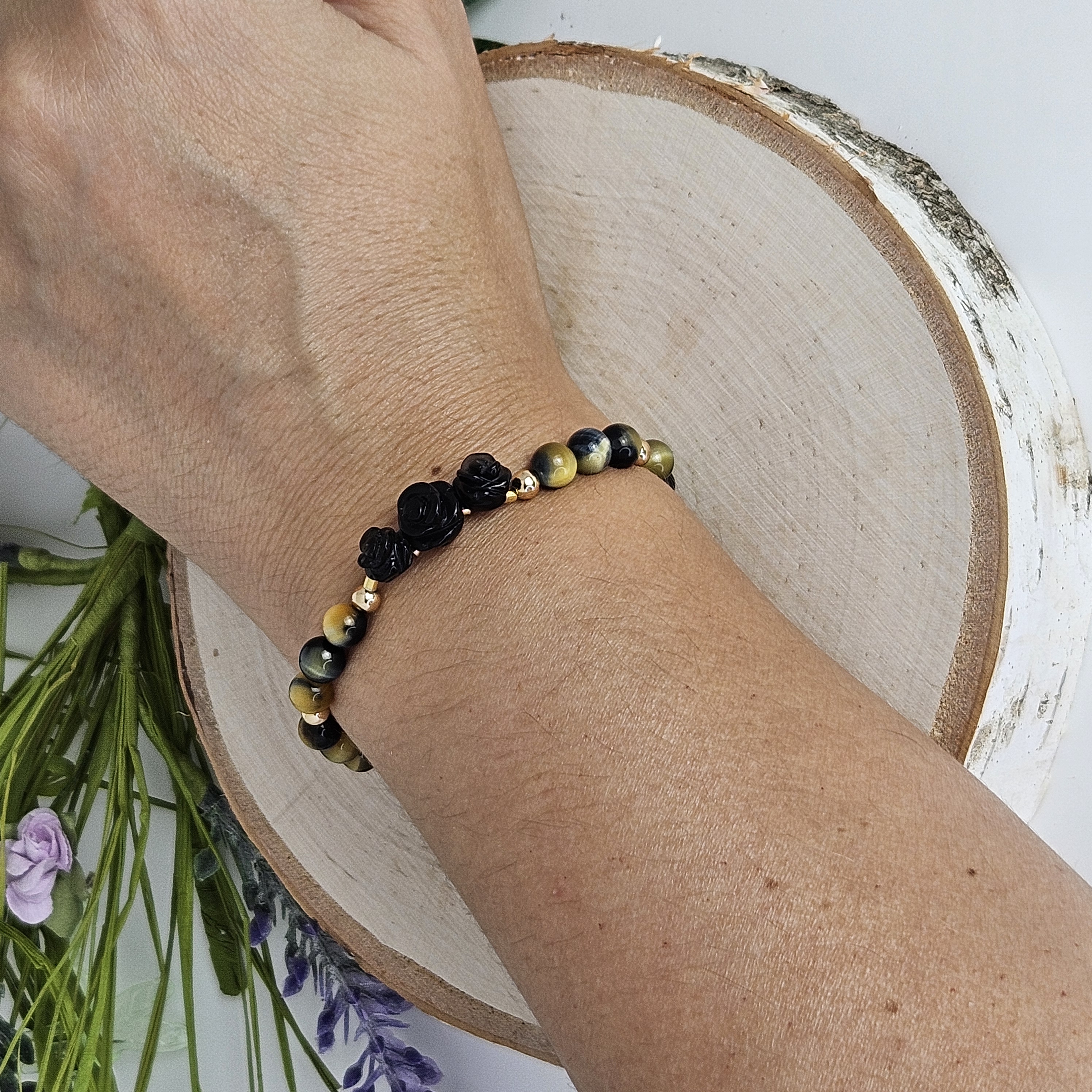 Small Black Agate Rose Golden Blue Tiger's Eye Bracelet