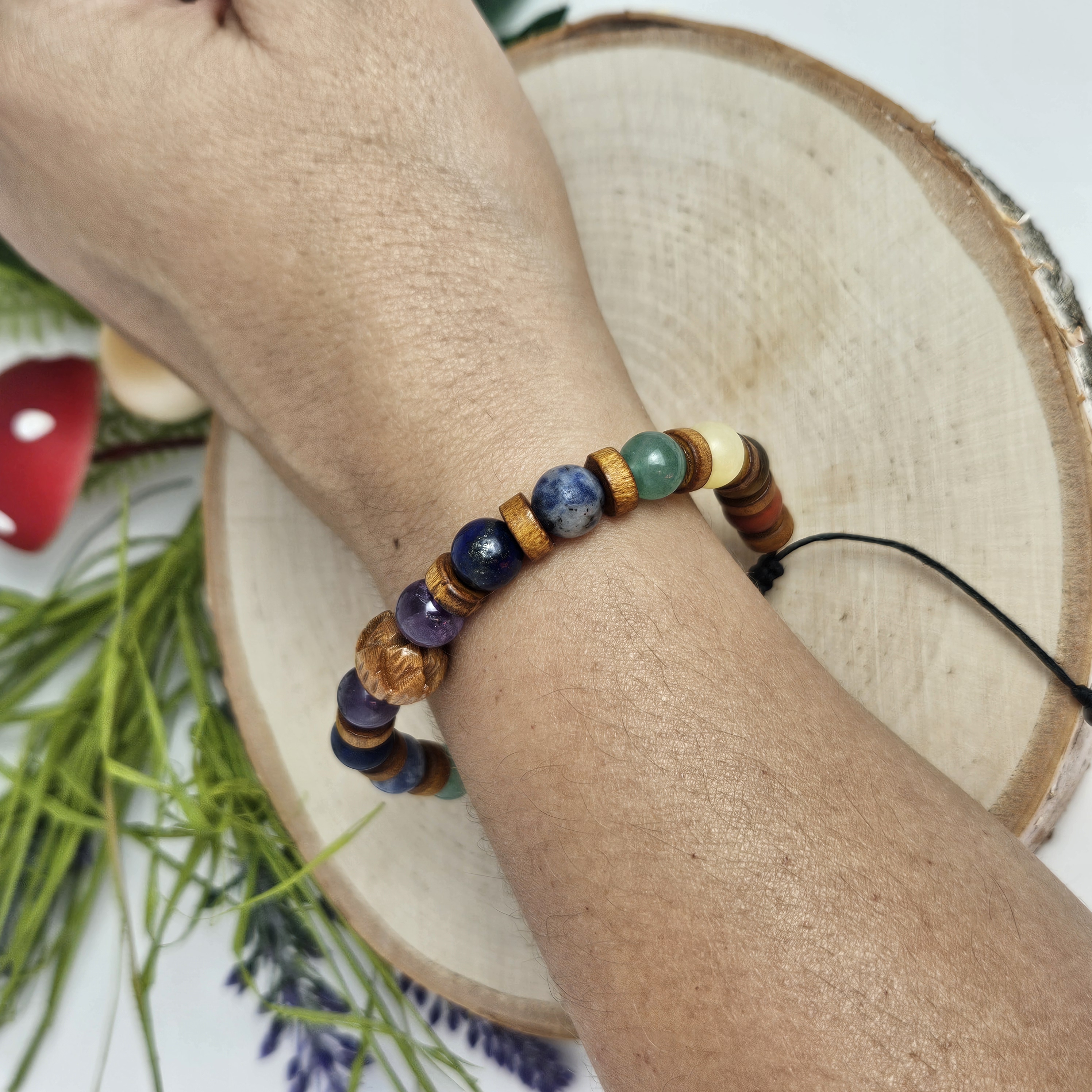 Carved Wooden Lotus and Chakra Bracelet