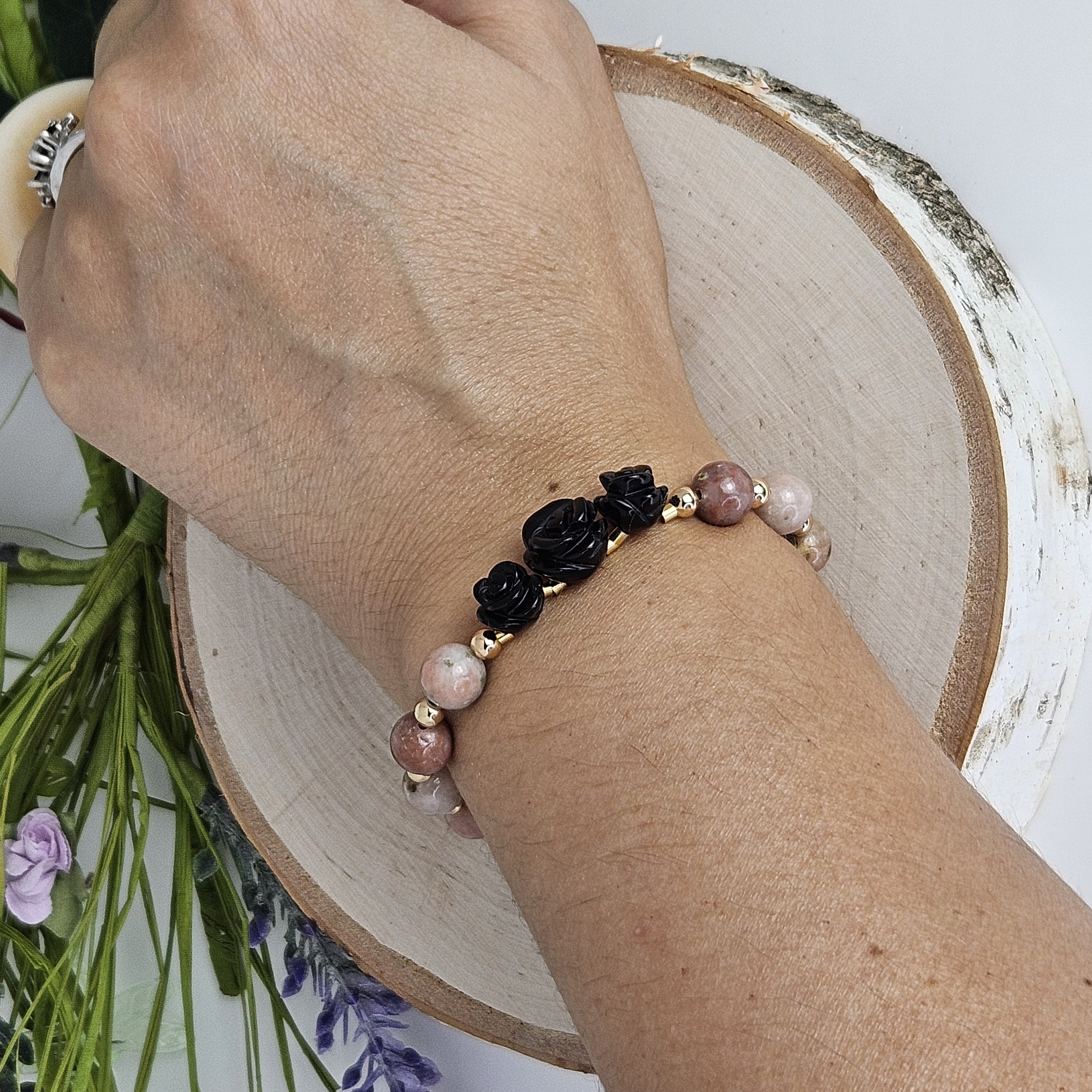 Large Black Agate Rose Plum Blossom Jasper Bracelet