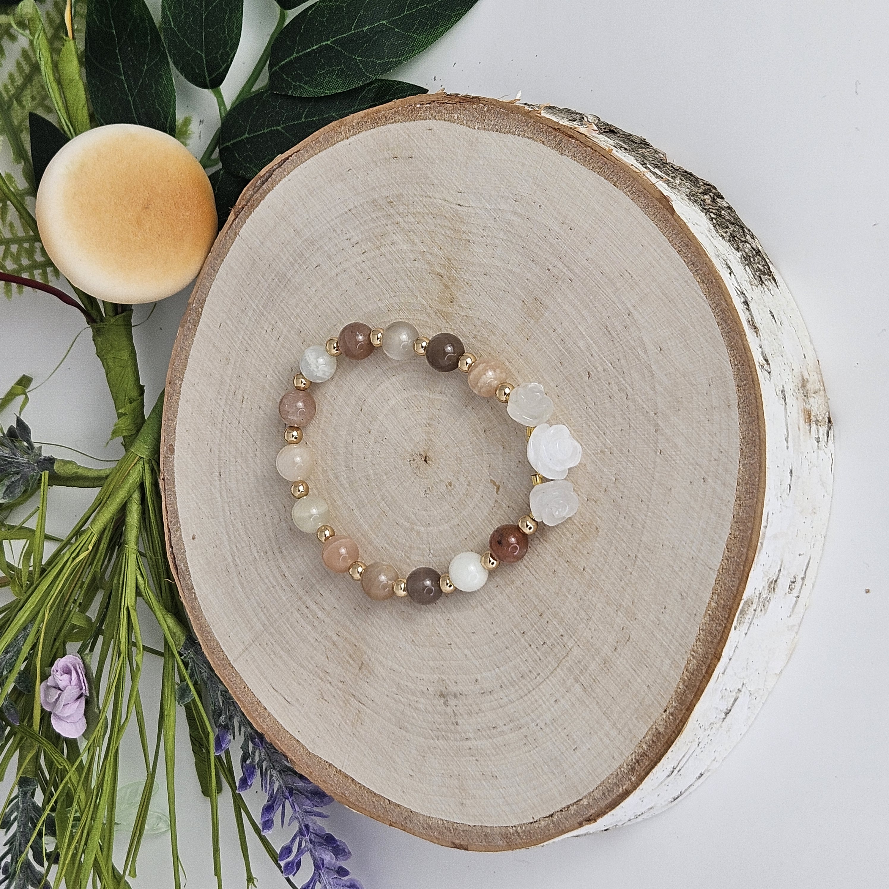 Large White Jade Rose Peach Moonstone Bracelet