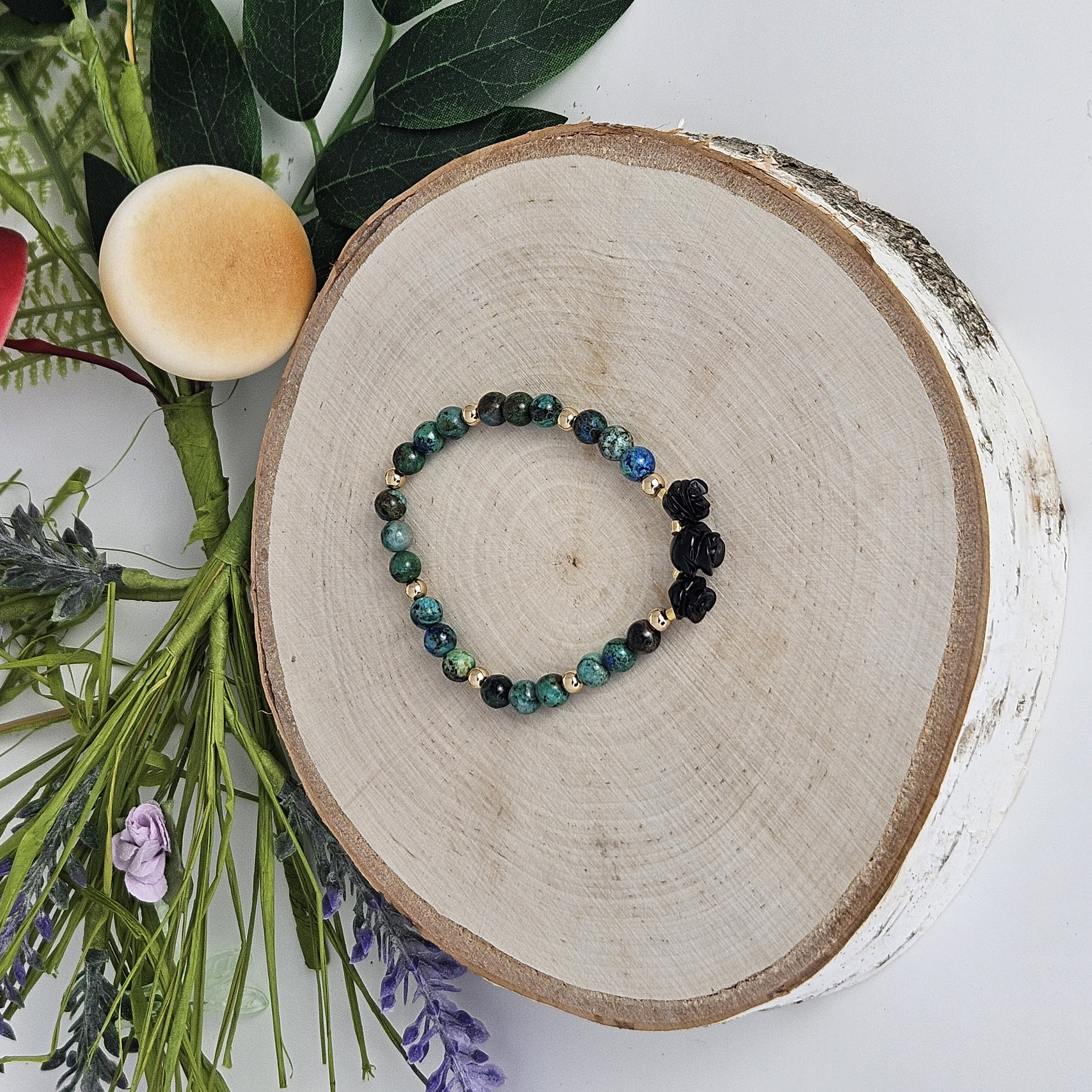 Small Black Agate Rose Azurite Malachite Chrysocolla Bracelet