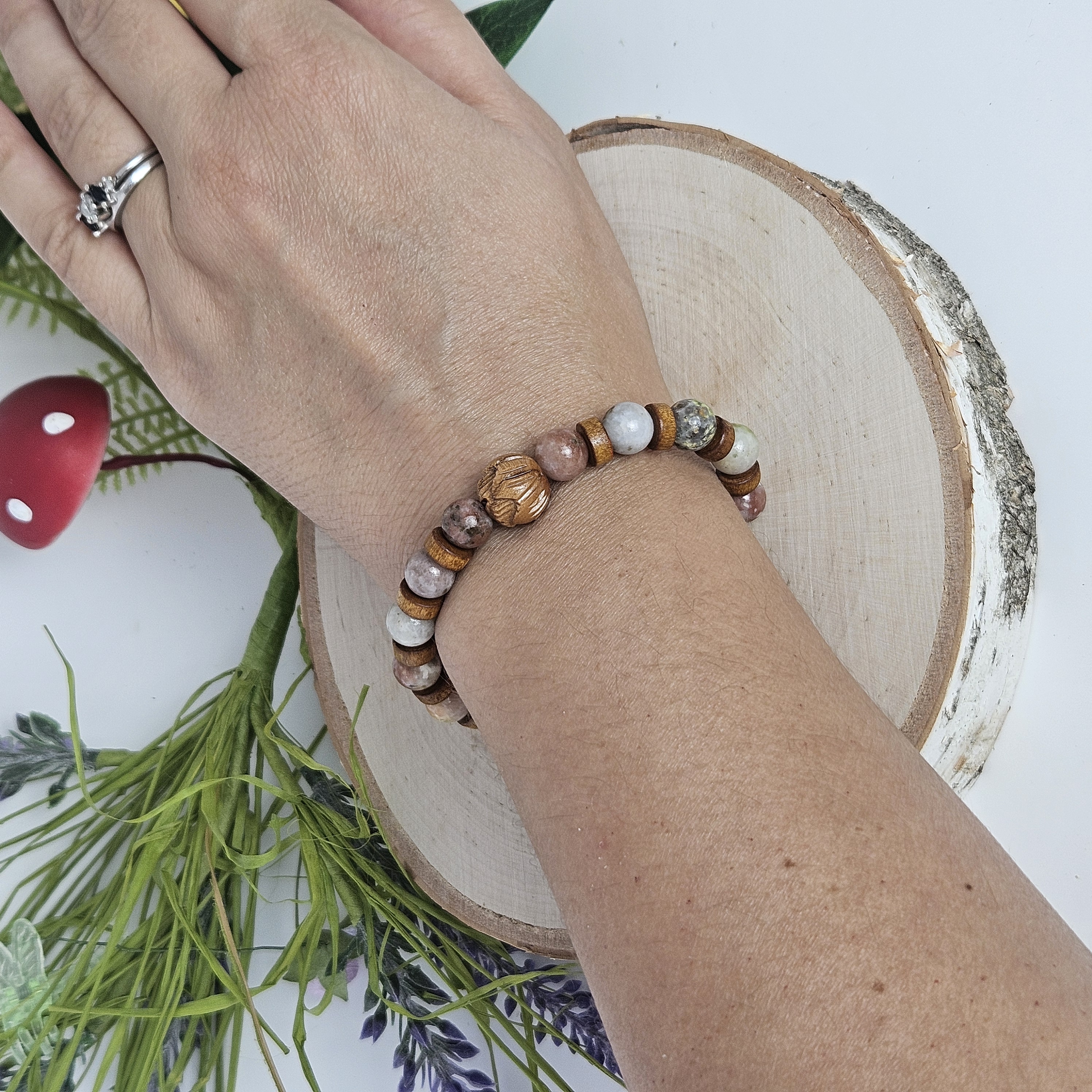 Carved Wooden Lotus and Plum Blossom Jasper Bracelet