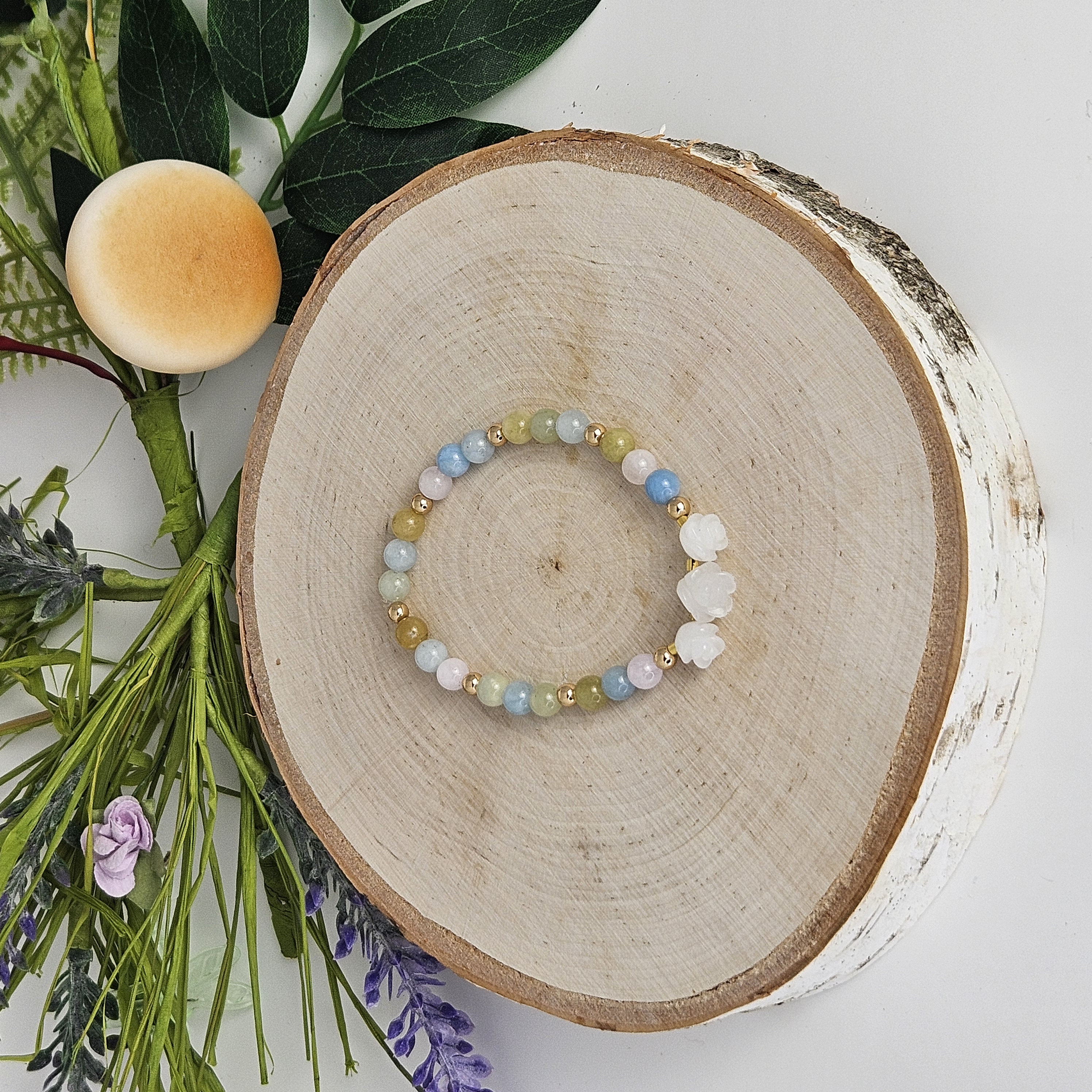 Small White Jade Rose Multi-Color Morganite Bracelet
