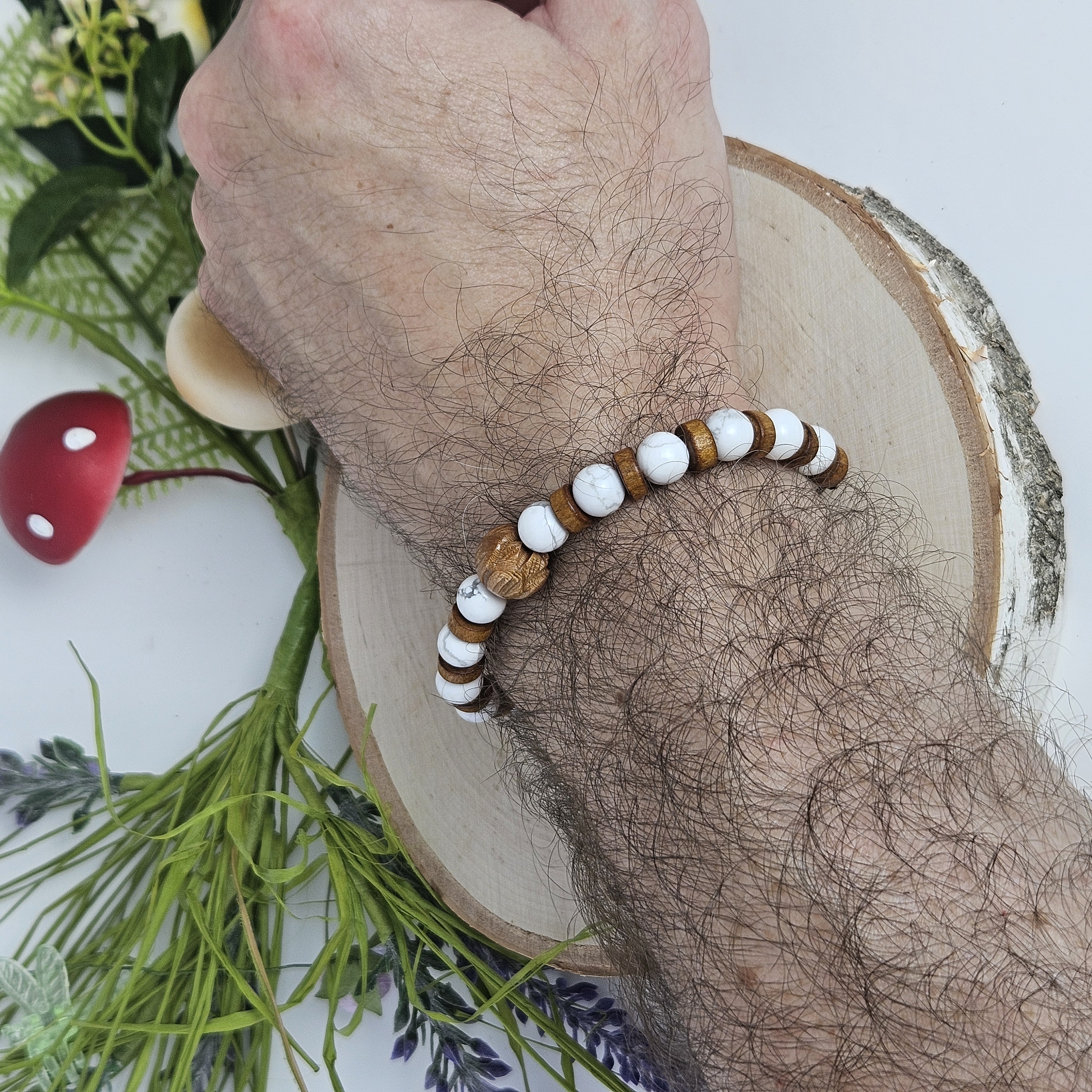 Carved Wooden Lotus and White Howlite Bracelet