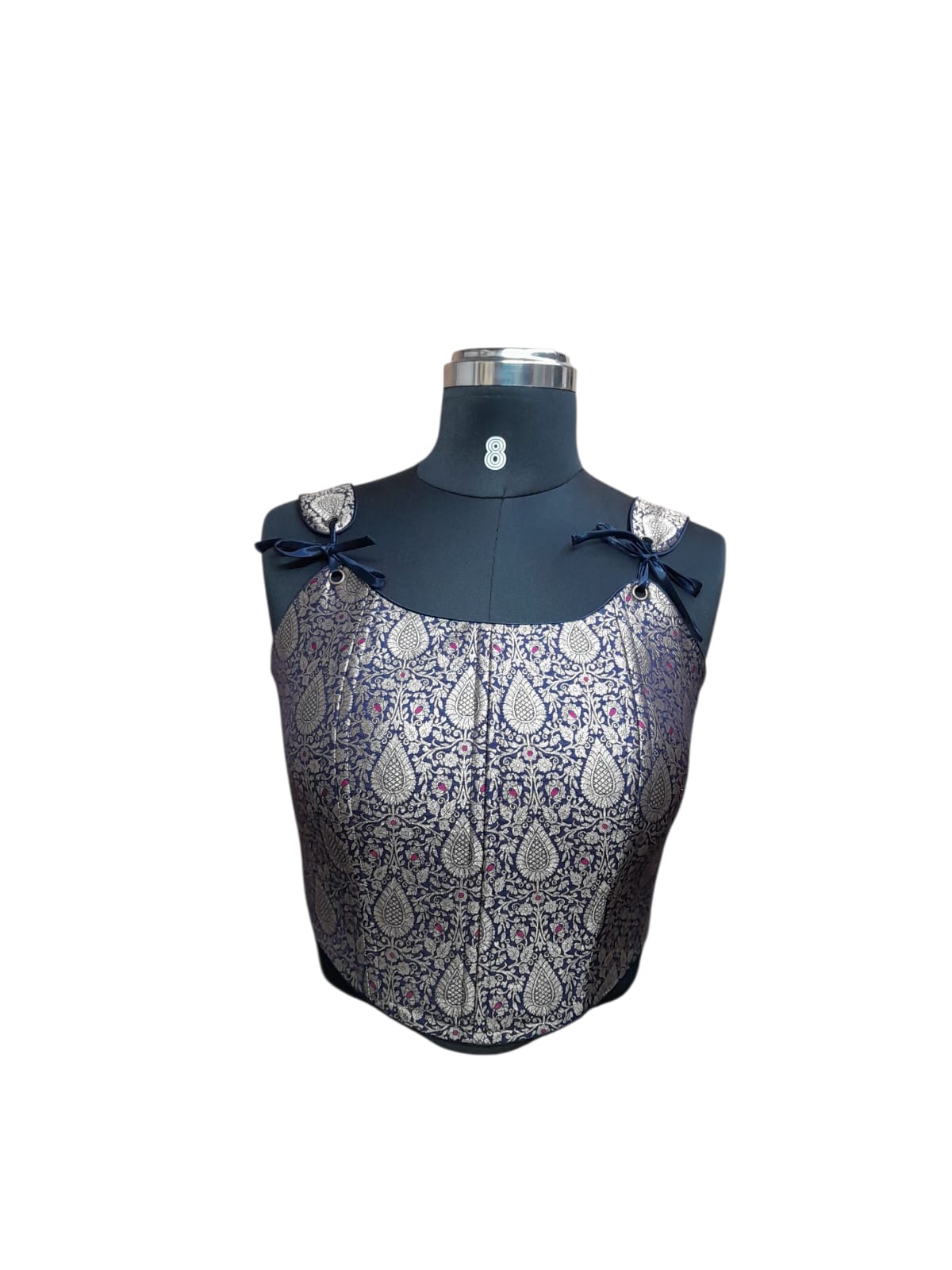 Navy Blue Brocade Corset Blouse with Bow Detailing
