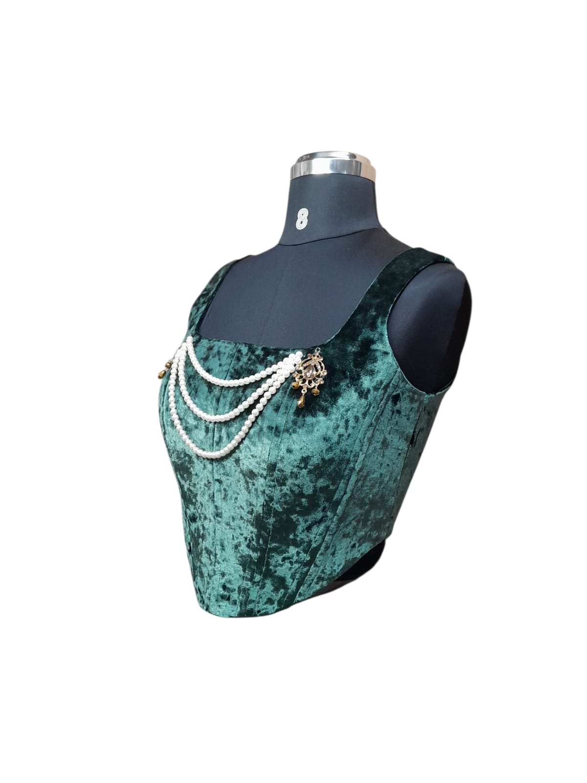 Emerald Green Velvet Corset Blouse with Pearl Chain