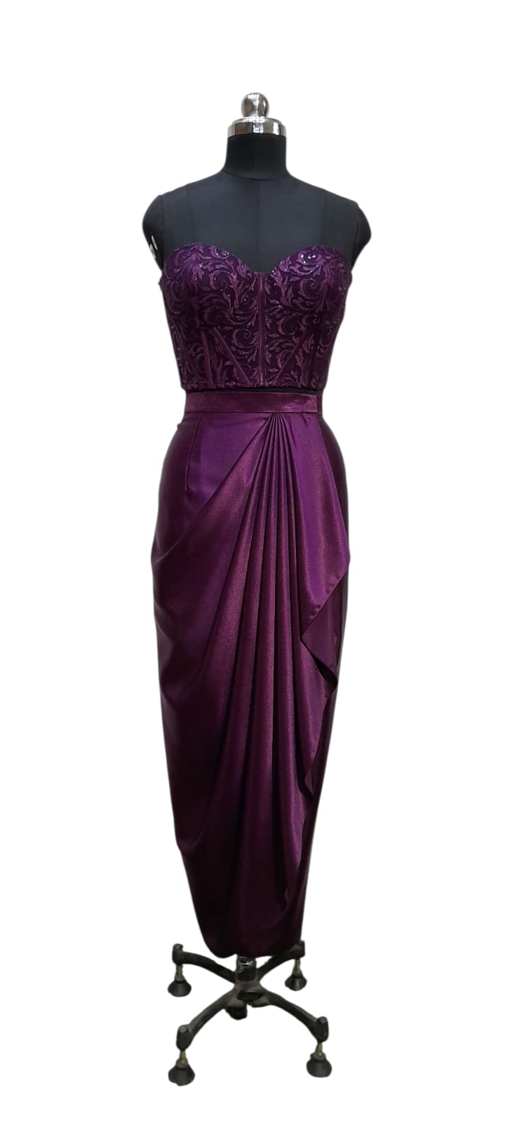 Plum Embroidered Corset Drape Dress