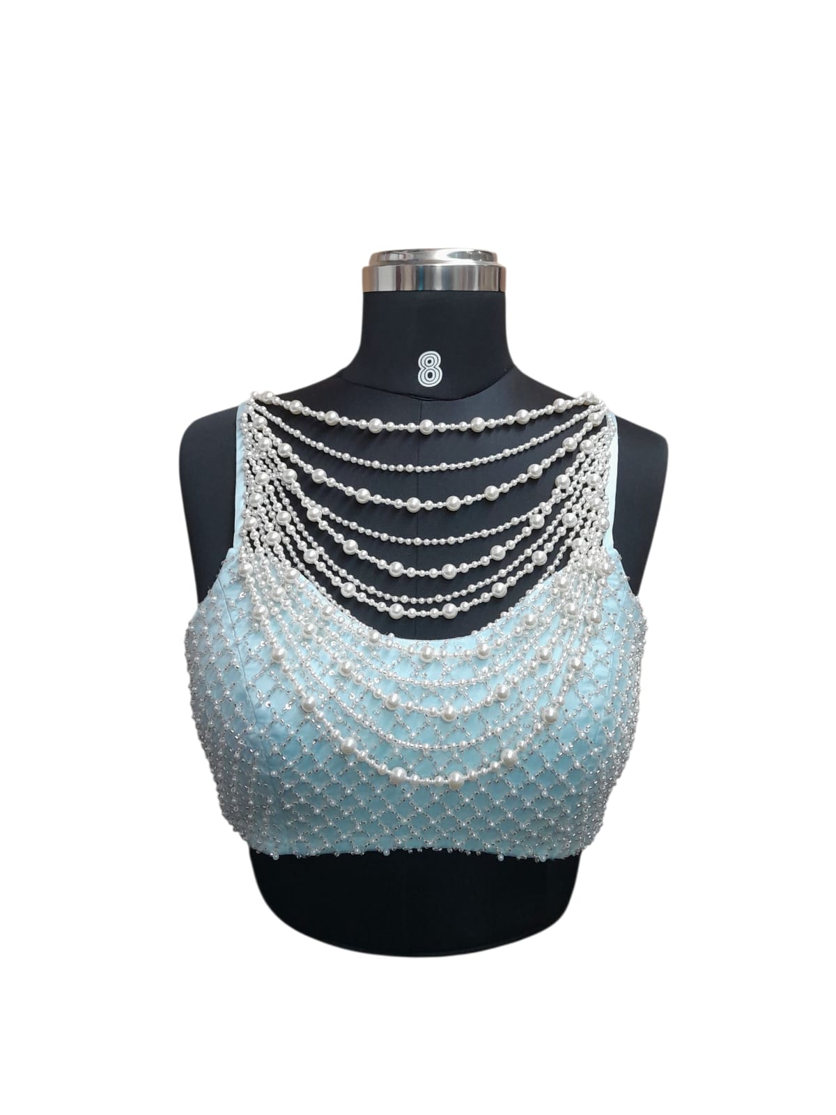 Handmade Aqua Blue Pearl-Embellished Blouse