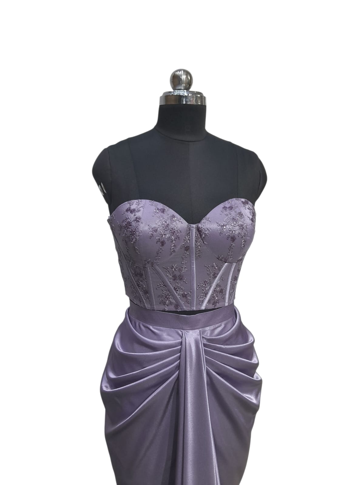 Lavender Satin Embellished Two-Piece Corset Set