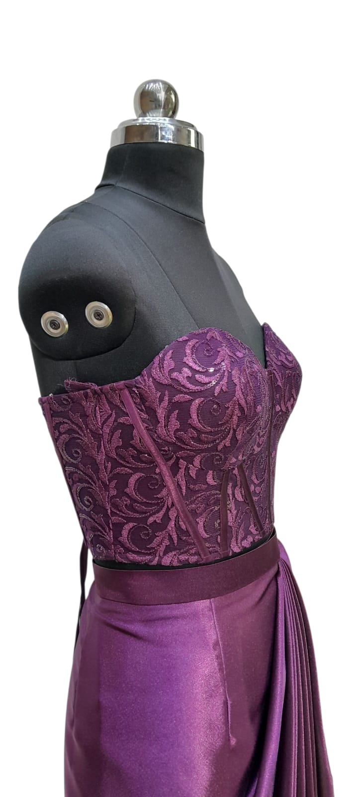 Plum Embroidered Corset Drape Dress