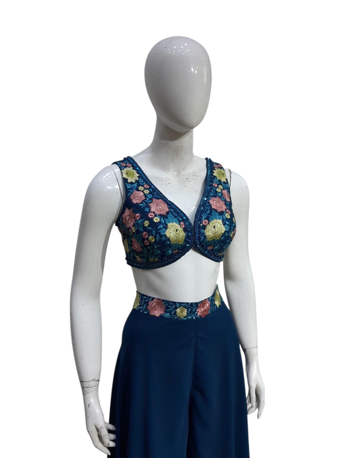 Floral Embroidered Crop Top with Flared Palazzo Set
