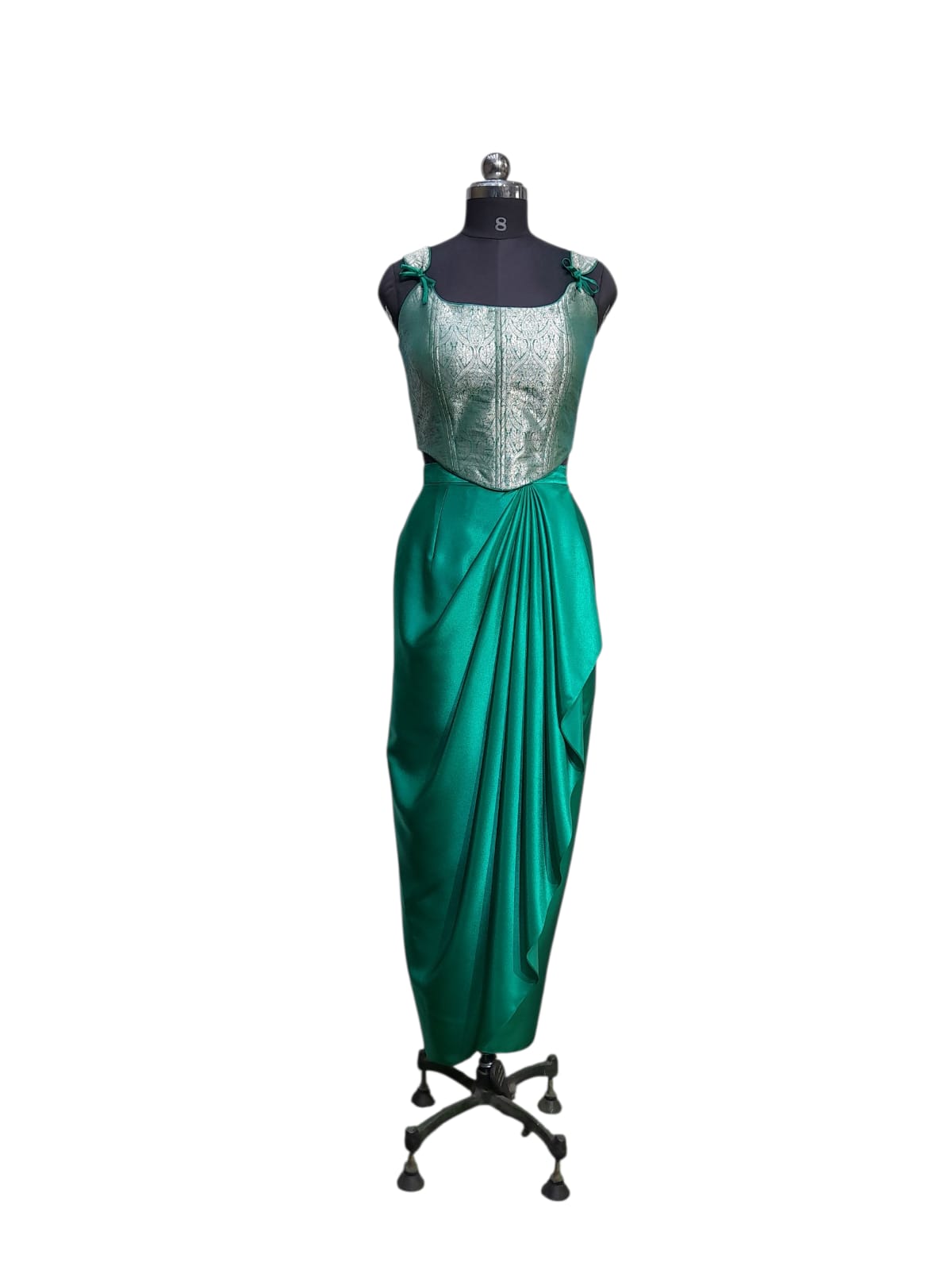 Green Draped Gown with Brocade Corset Blouse