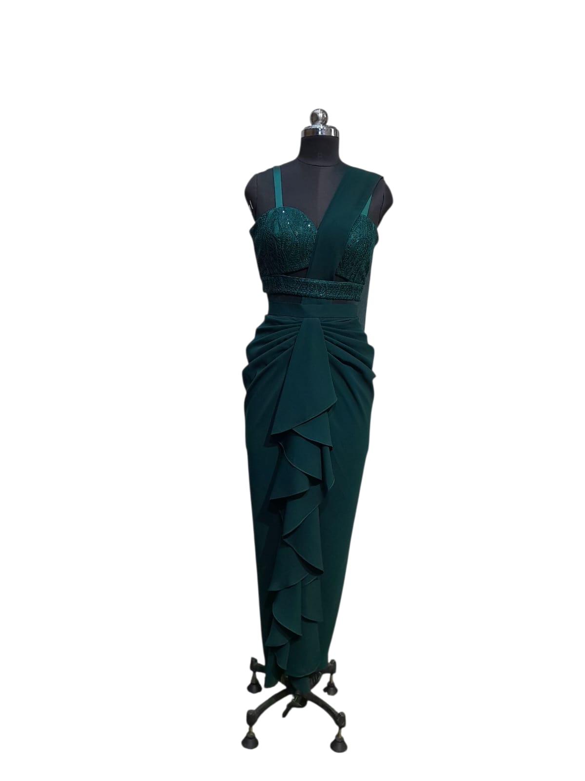 Emerald Green Ruffle Drape Saree