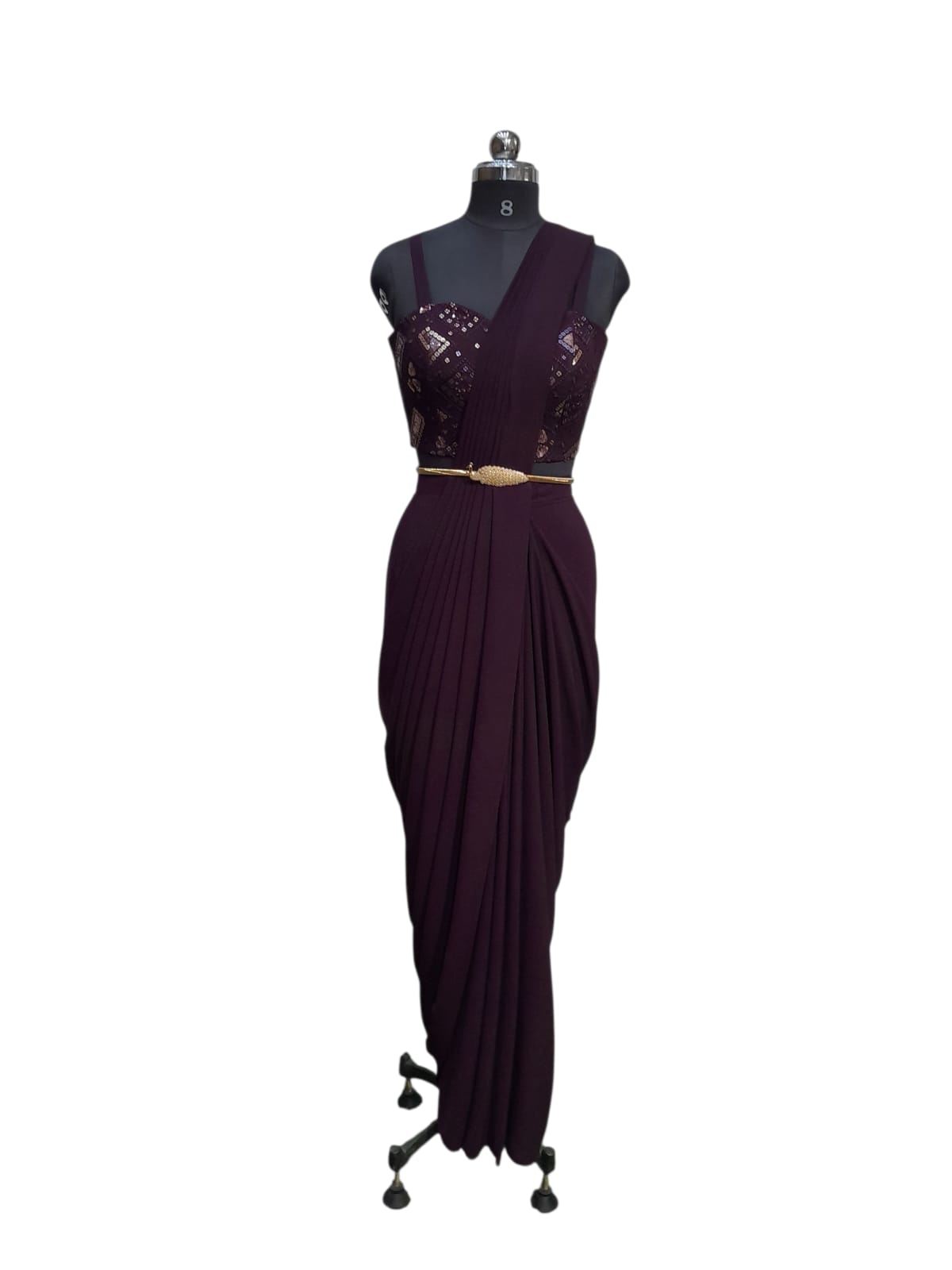 Maroon Embellished Bustier with Draped Saree Gown
