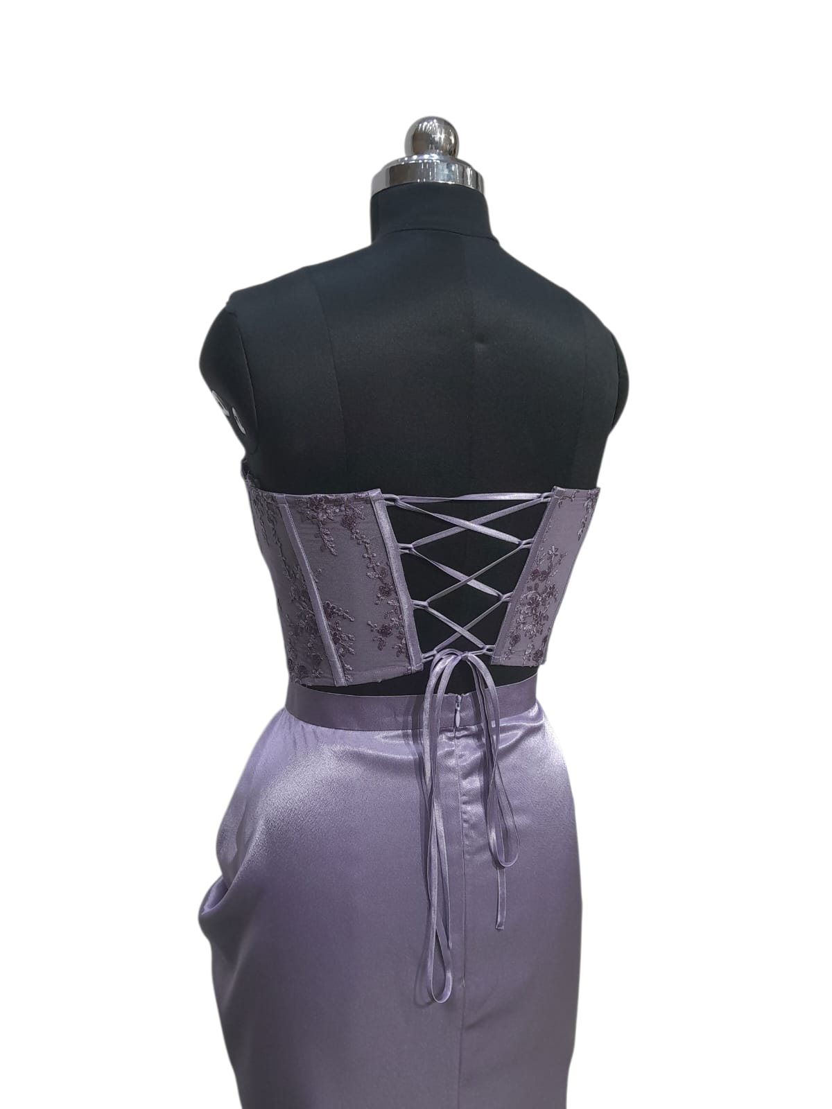 Lavender Satin Embellished Two-Piece Corset Set