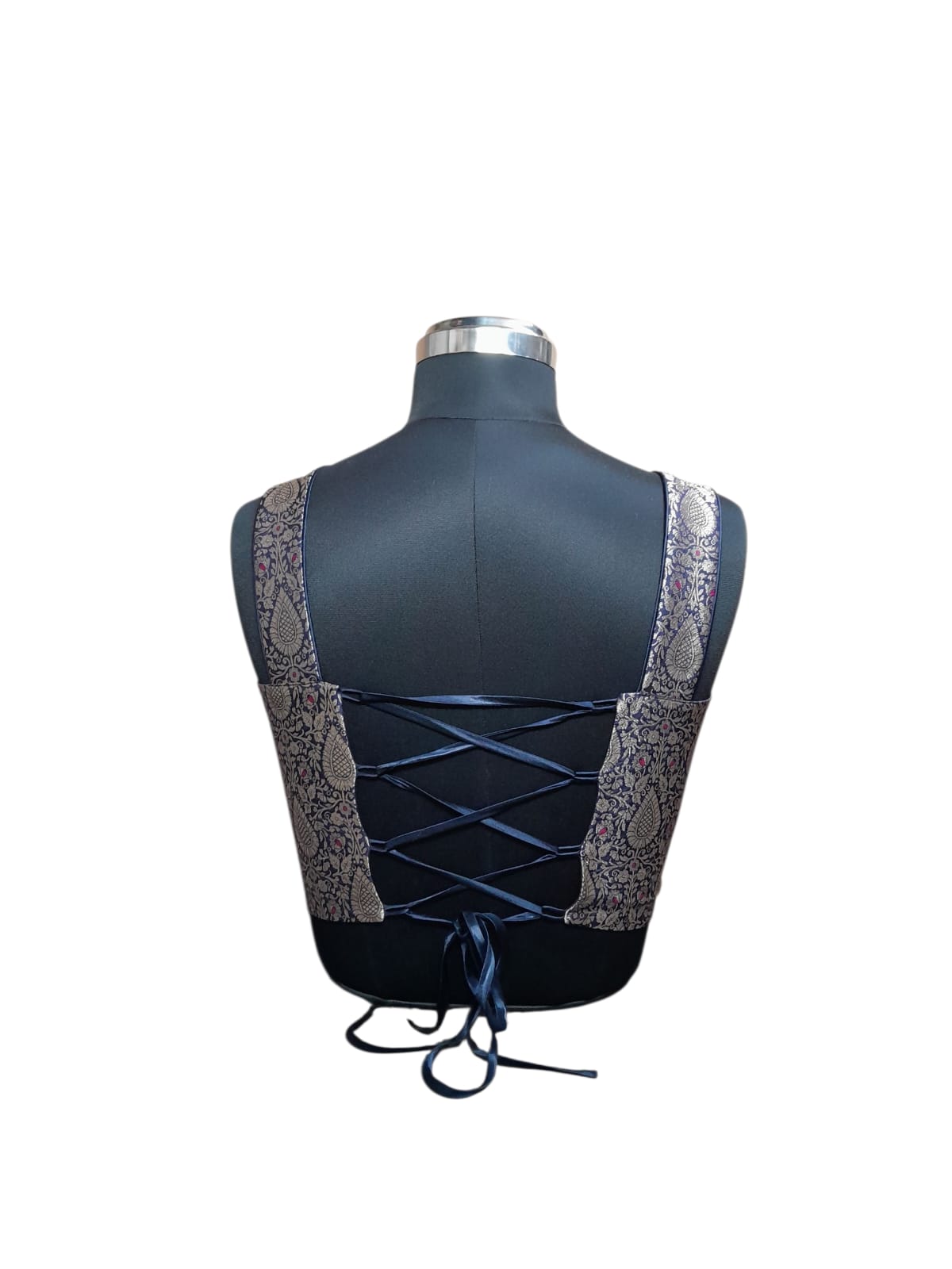 Navy Blue Brocade Corset Blouse with Bow Detailing