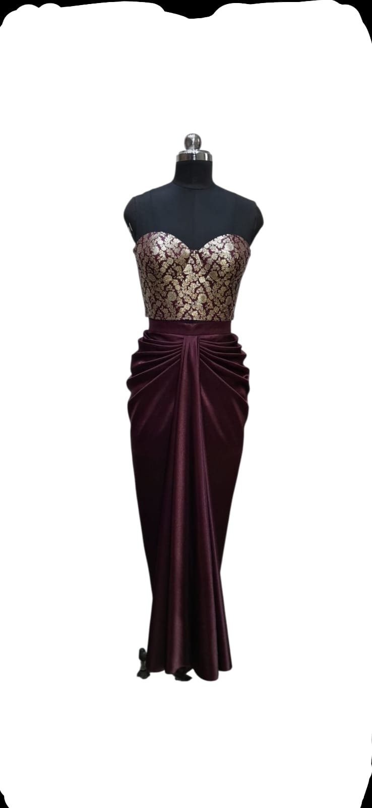 Wine Luxe Brocade and Satin Draped Gown