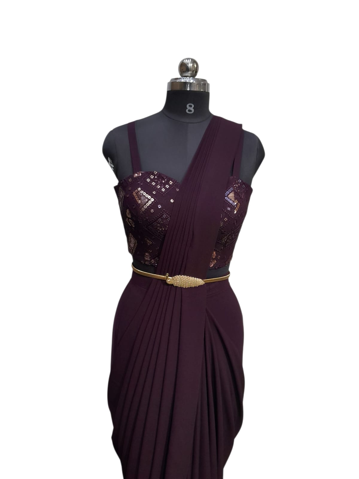 Maroon Embellished Bustier with Draped Saree Gown 