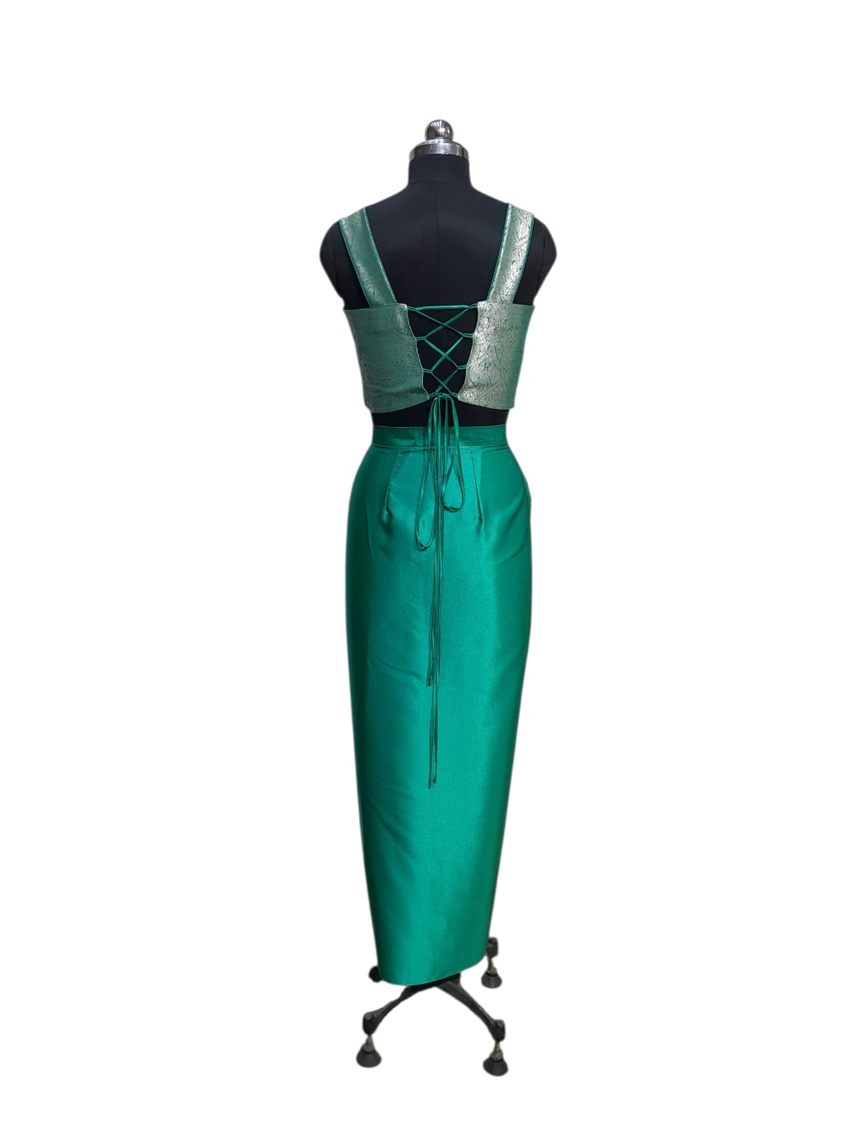 Green Draped Gown with Brocade Corset Blouse