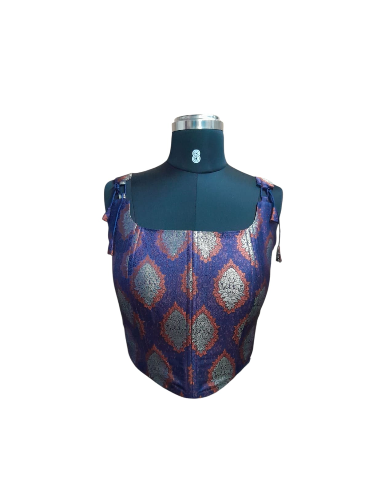 Navy Blue Banarasi Brocade Blouse with Tie-Up Straps