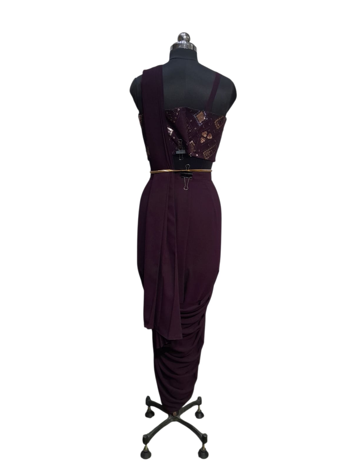Maroon Embellished Bustier with Draped Saree Gown 