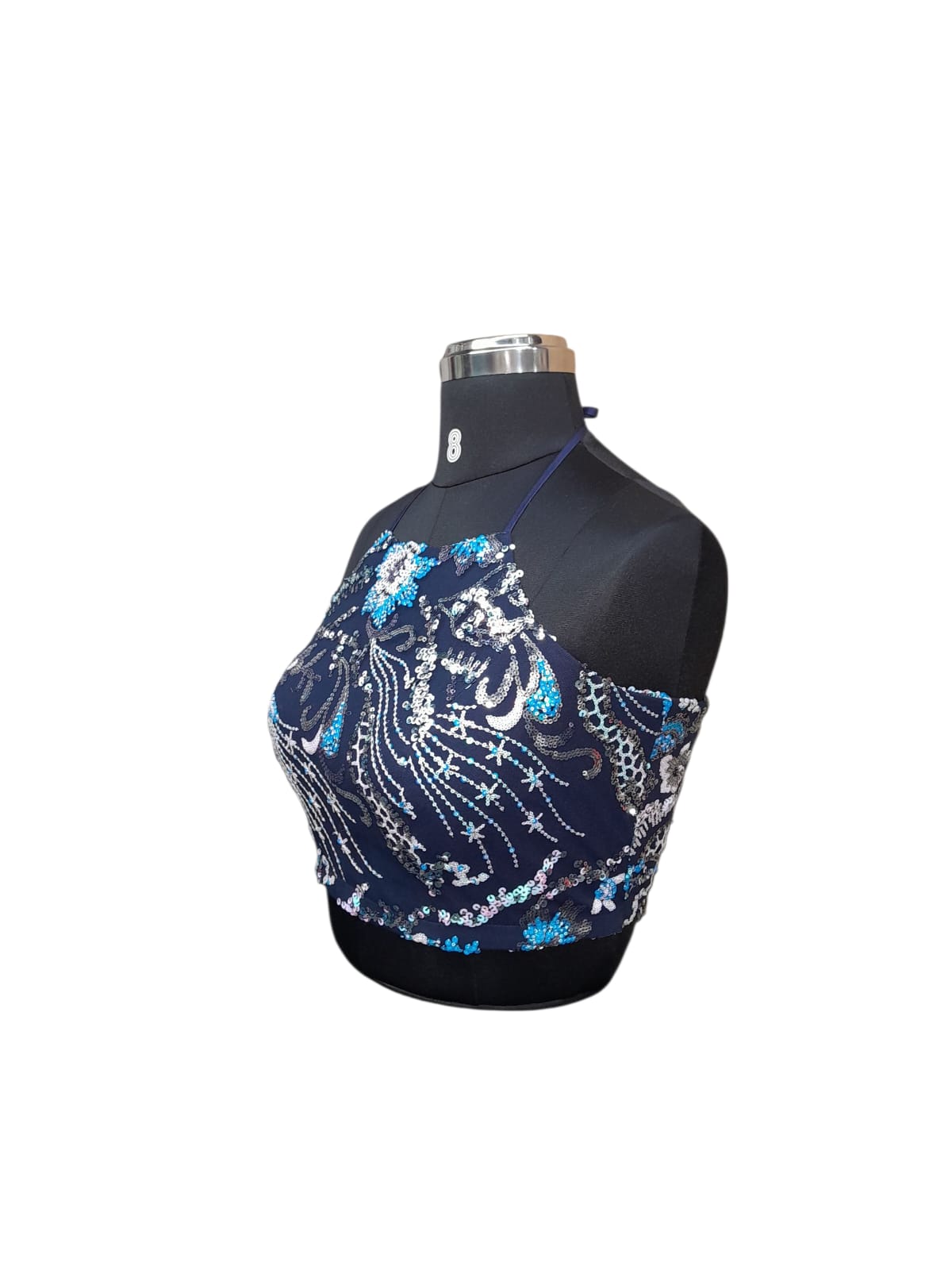 Navy Blue Halter Neck Sequin Blouse